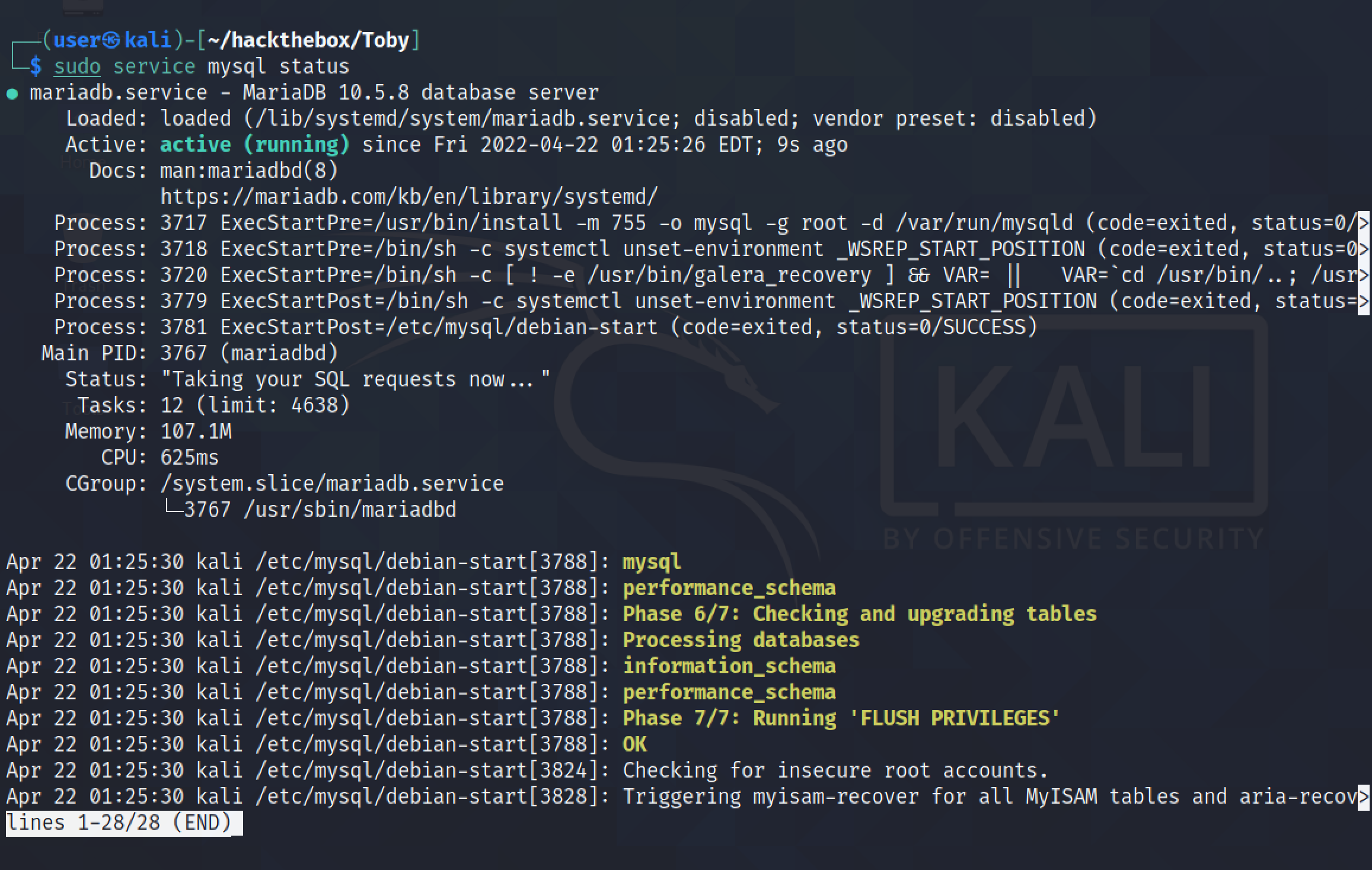 MySQL/MariaDB service running or active.