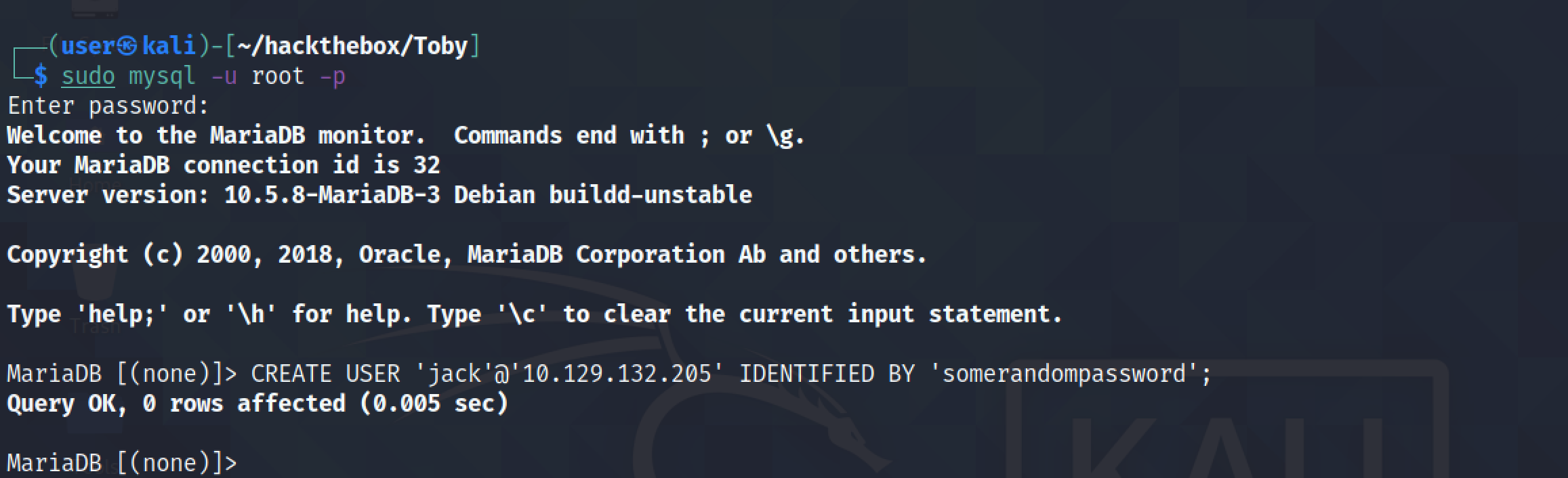 Creating a user in the MariaDB/MySQL server.
