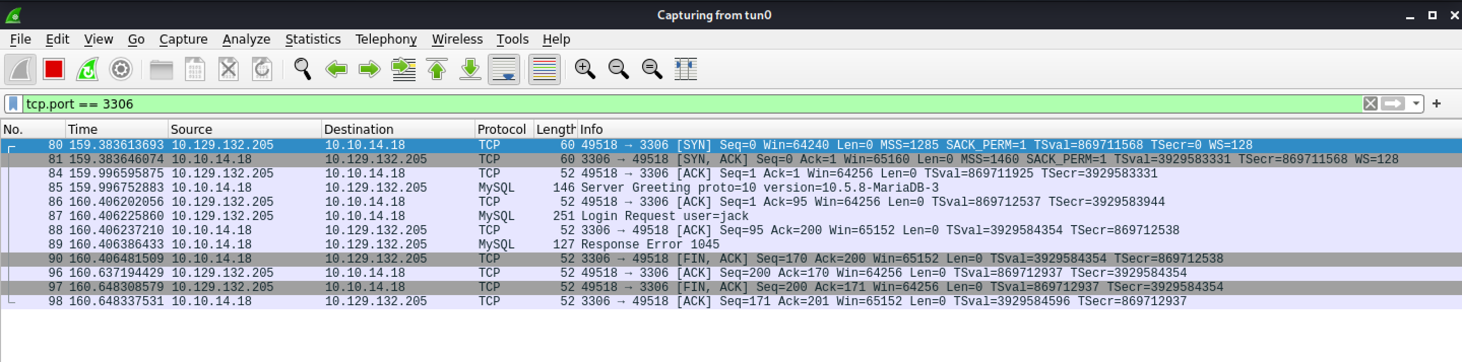 TCP three way handshake with MySQL greeting message.