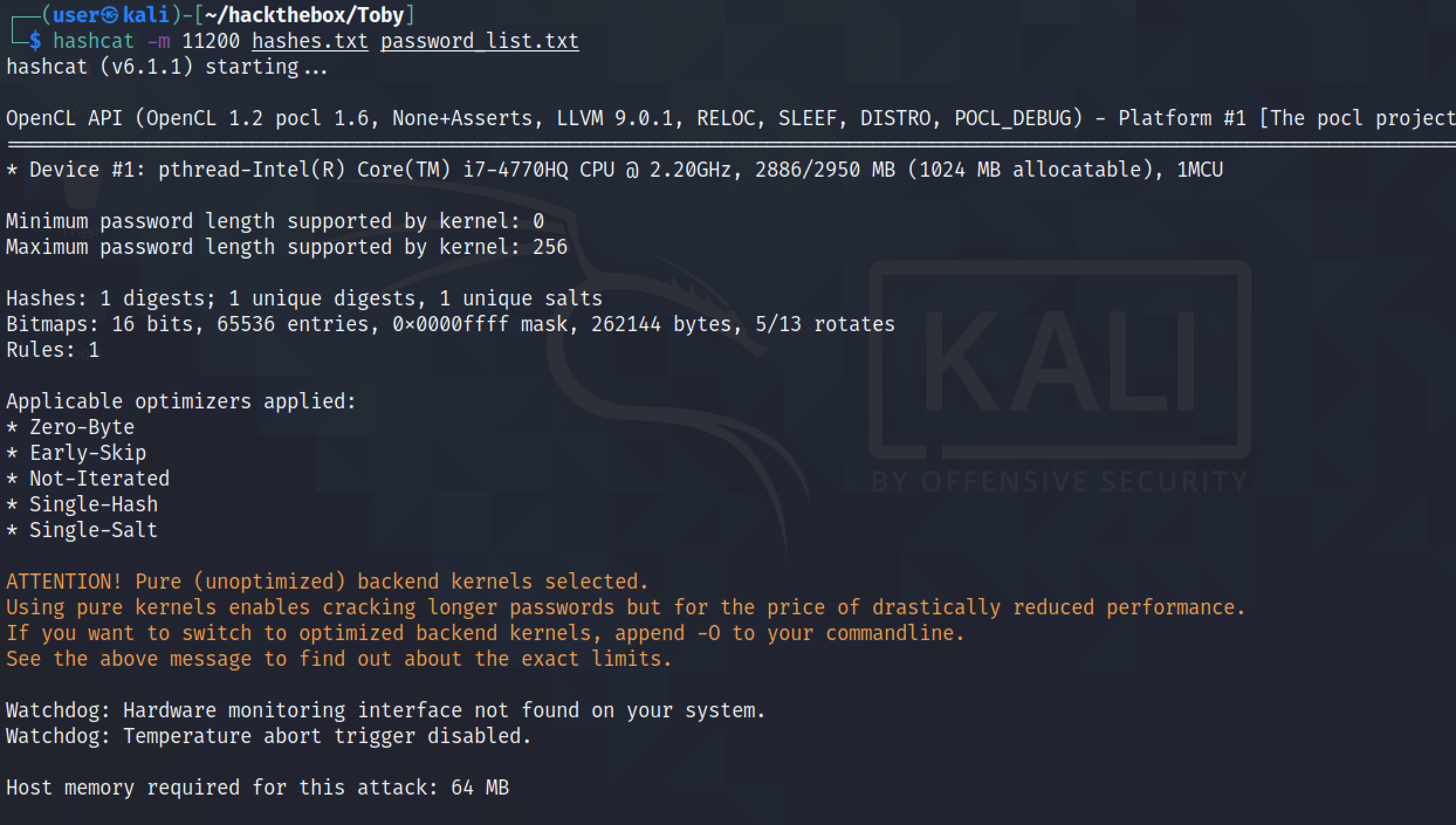 Cracking the password with hashcat.