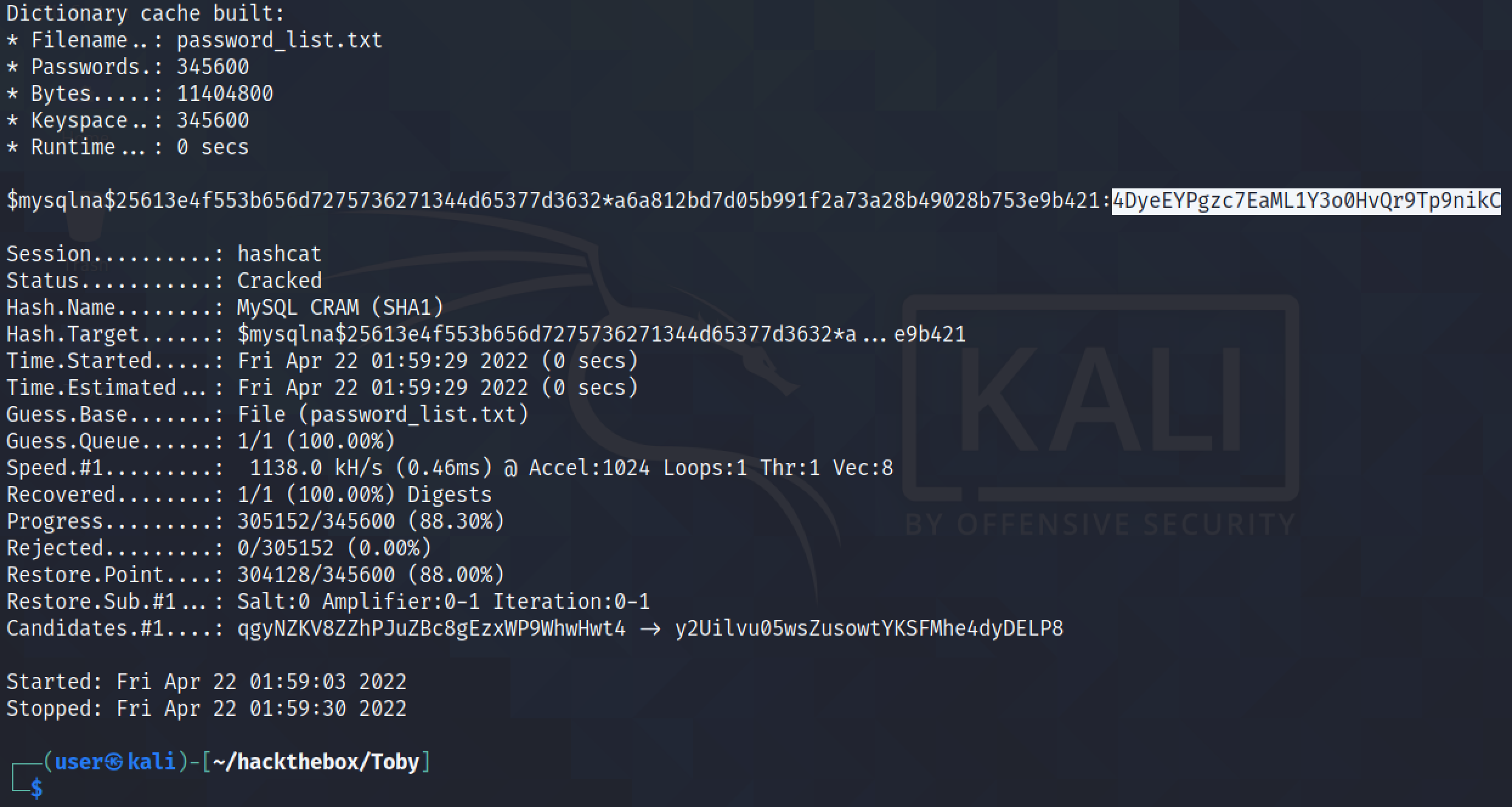 Cracking the password with hashcat.