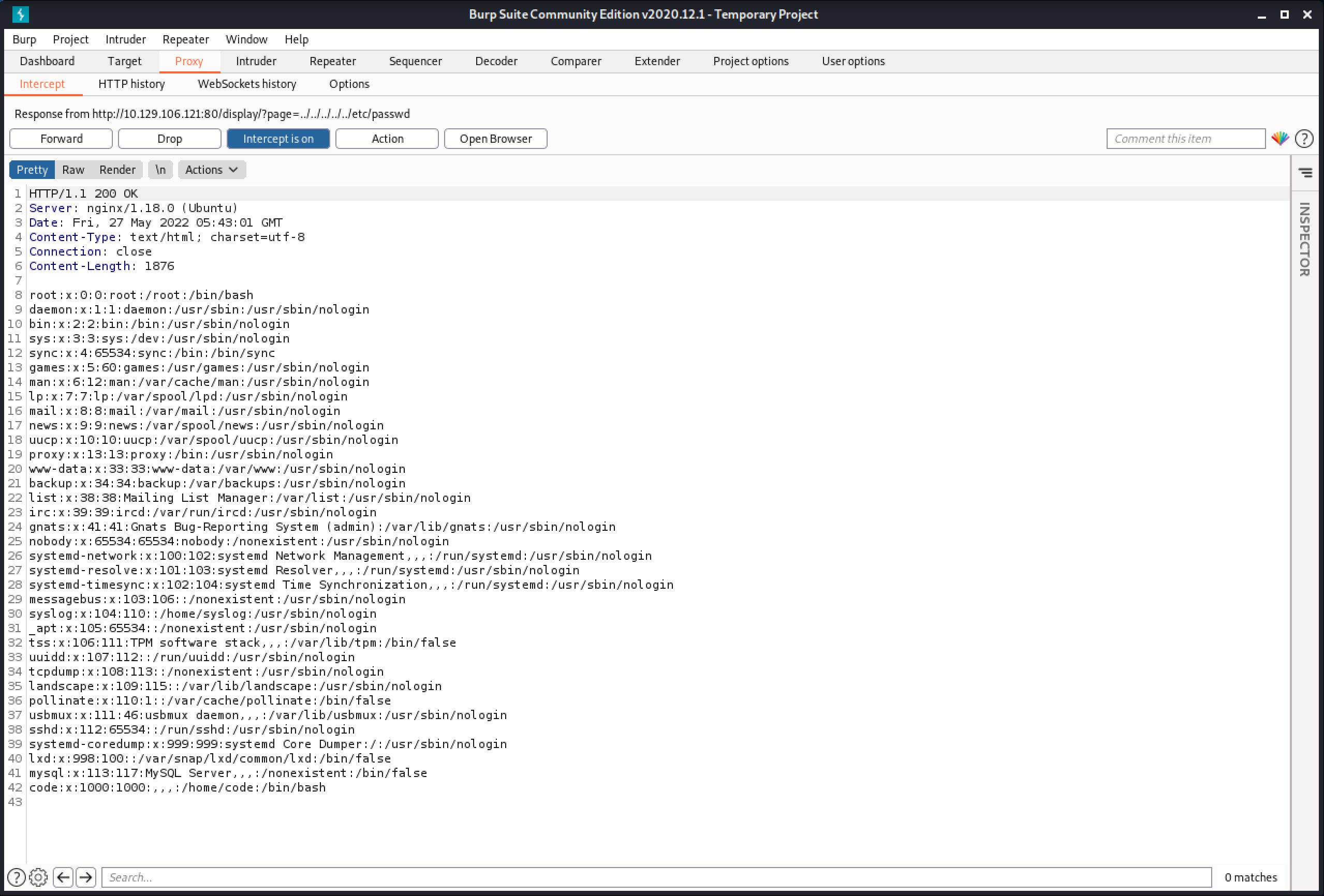 Response returns the contents of the /etc/passwd file.
