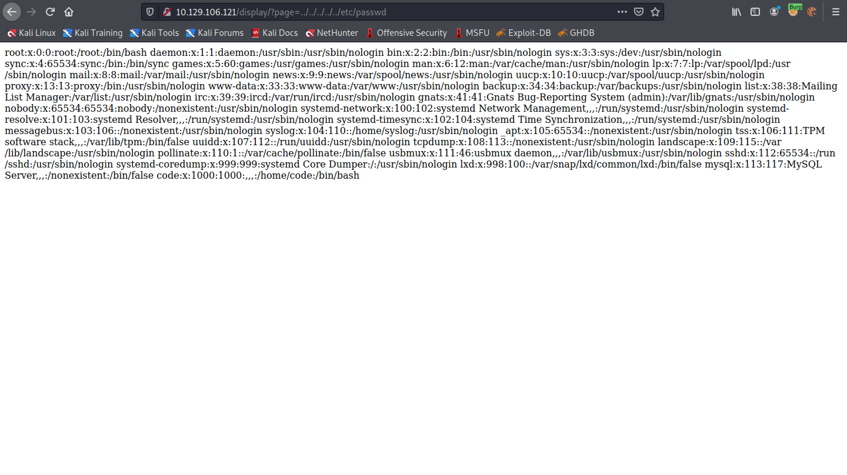 Response returns the contents of the /etc/passwd file.