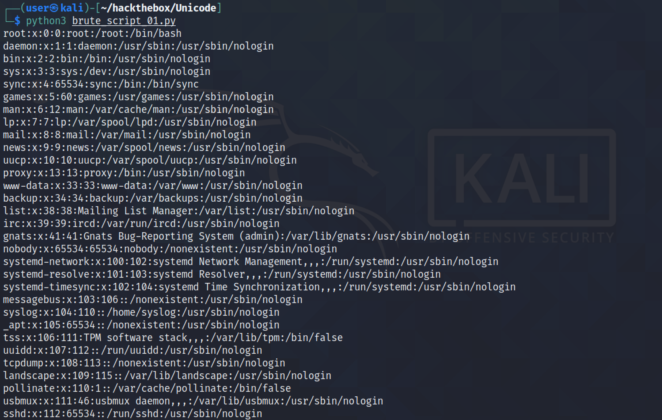 Simple Python script to read the contents of the /etc/passwd file.