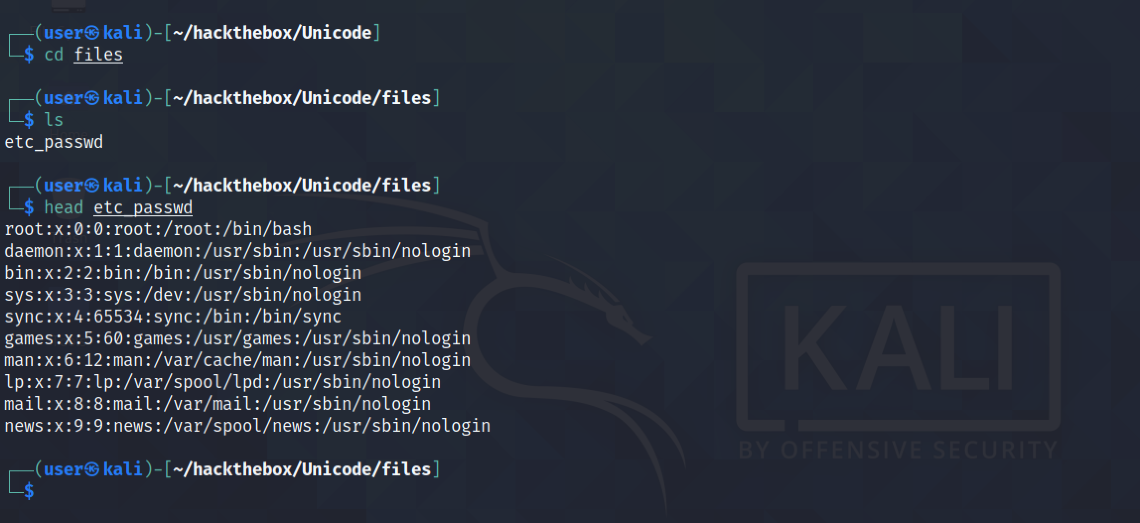 Verifying that the /etc/passwd file has been successfully copied.