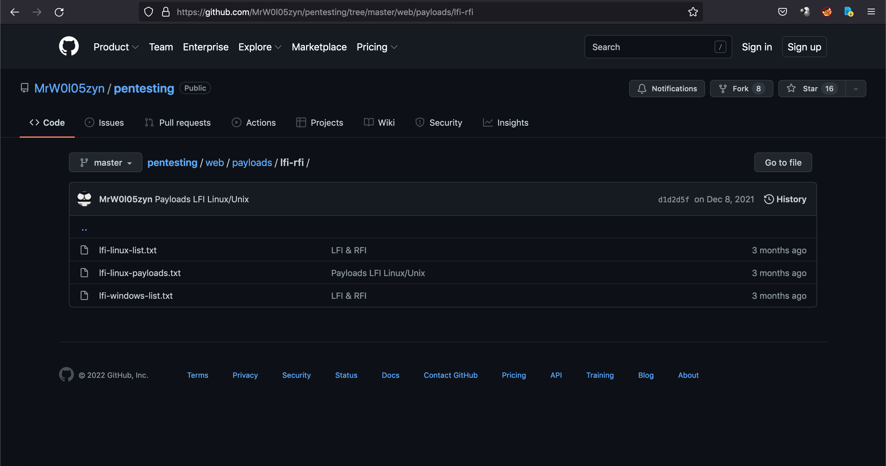 GitHub page that contains common filenames for LFI/RFI attacks.