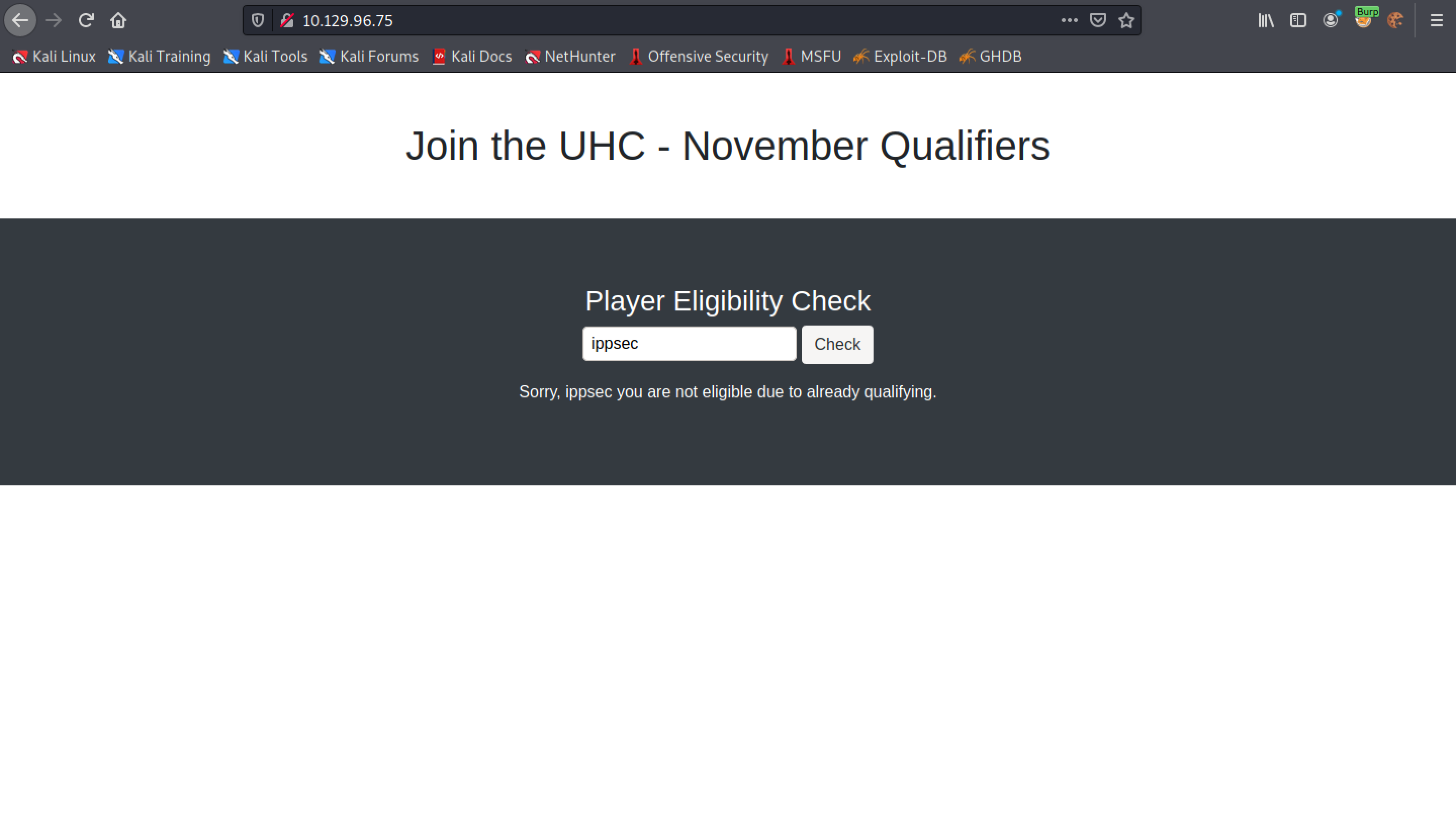Submitting an invalid username.