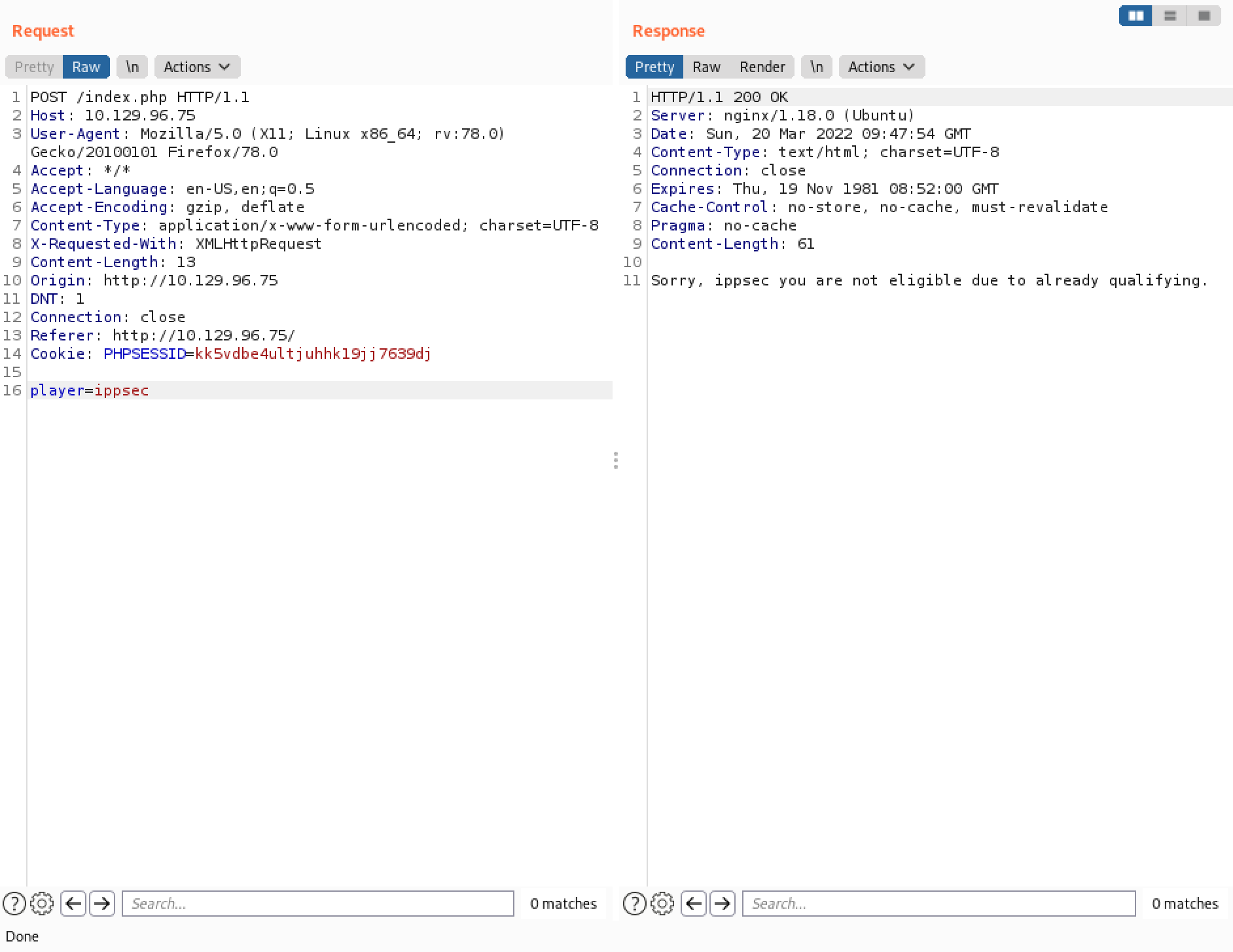 Invalid username submission through Burp Repeater.