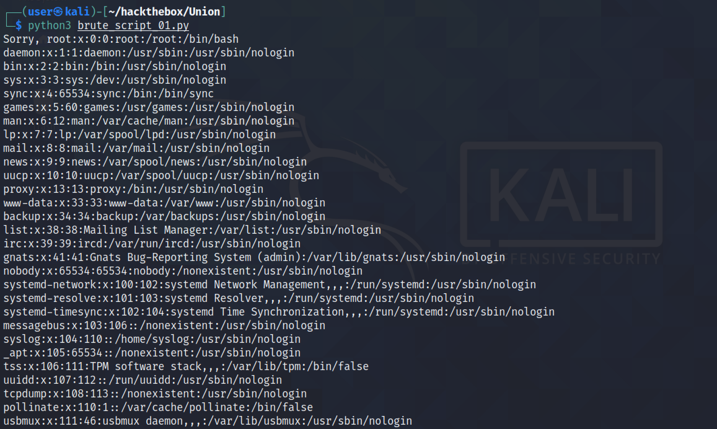 /etc/passwd file retrieved by the Python script.
