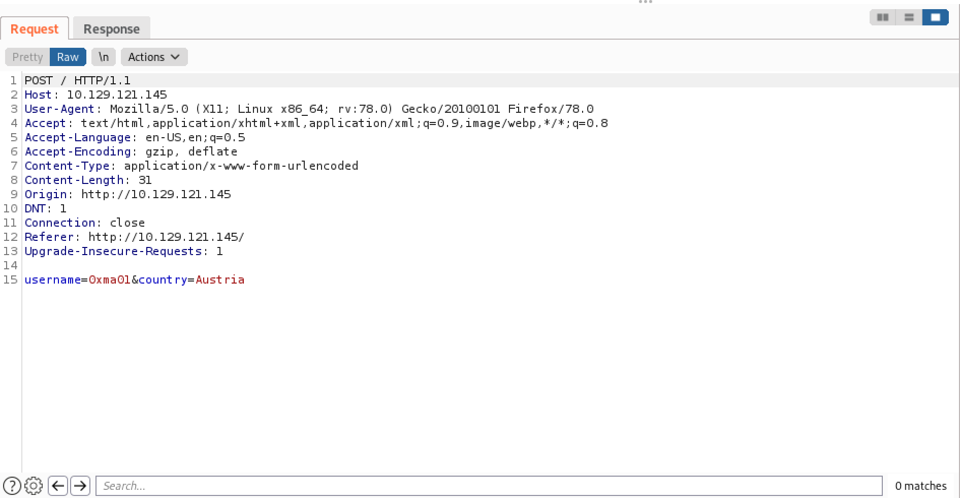 User submission HTTP request in Burp Suite.