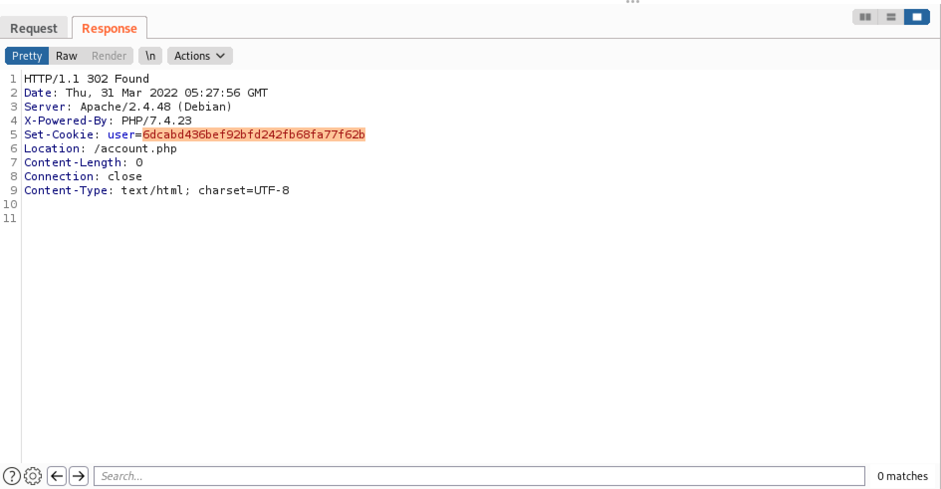 302 redirect from the web application in Burp Suite.