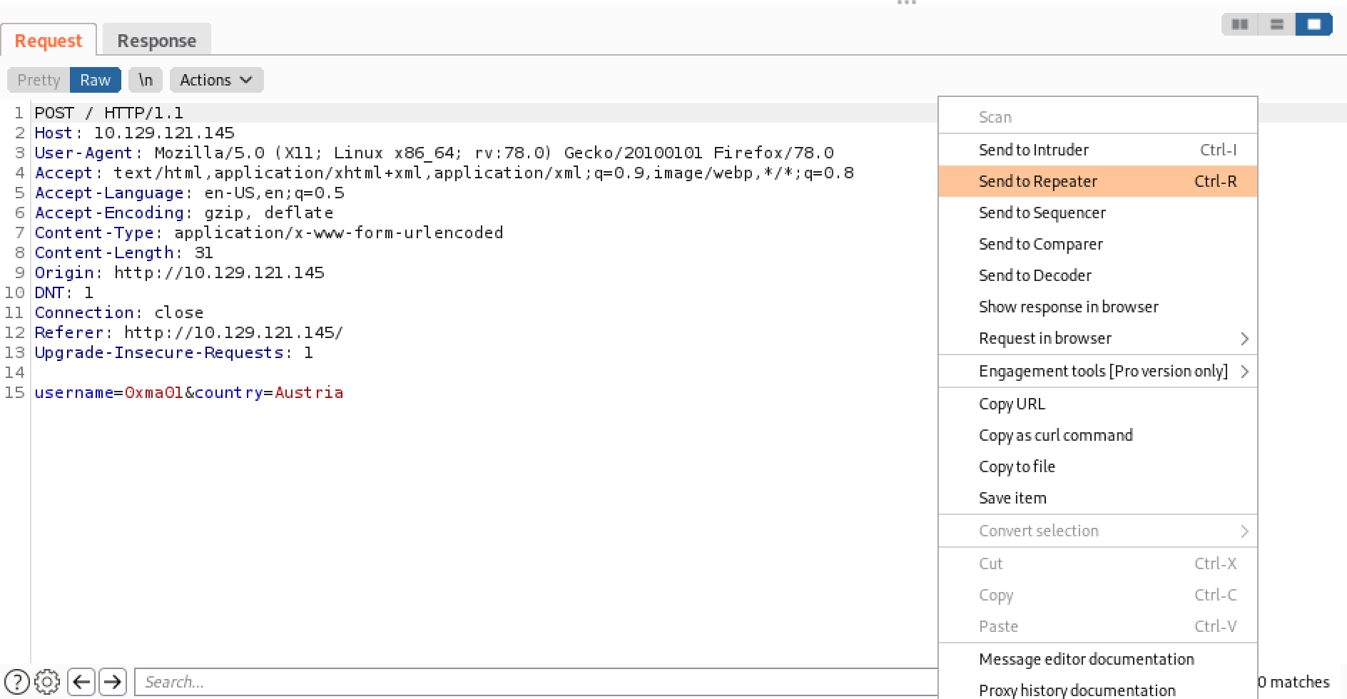 Sending the user submission HTTP request to Burp Repeater.