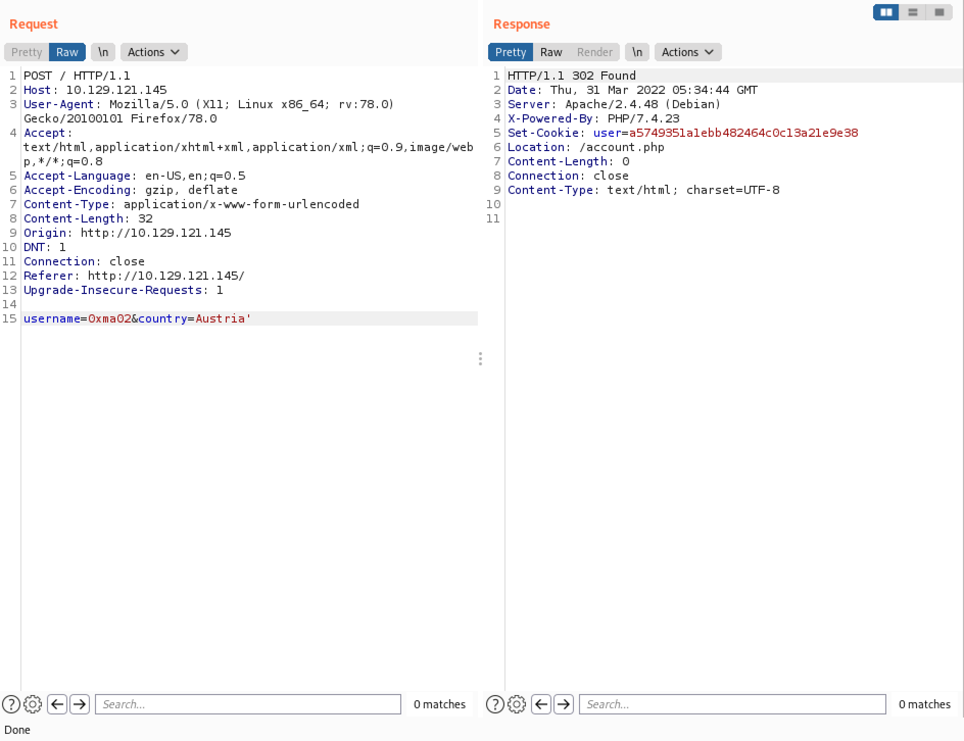 Adding a single-quote to perform a SQL injection in Burp Repeater.