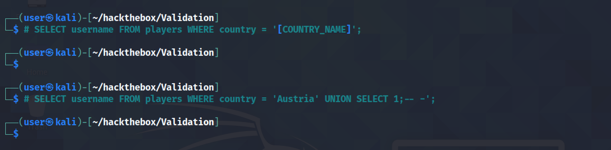 Assumption of the SQL query used on the web server.