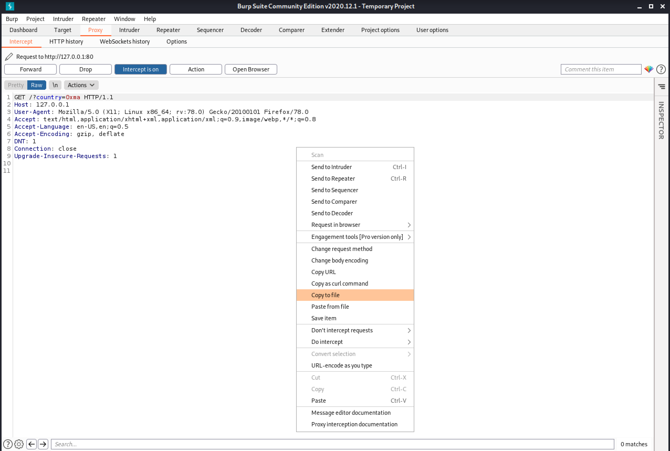 Capturing the request in Burp Intercept.