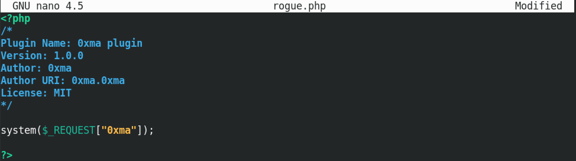 Creating a malicious PHP plugin file.