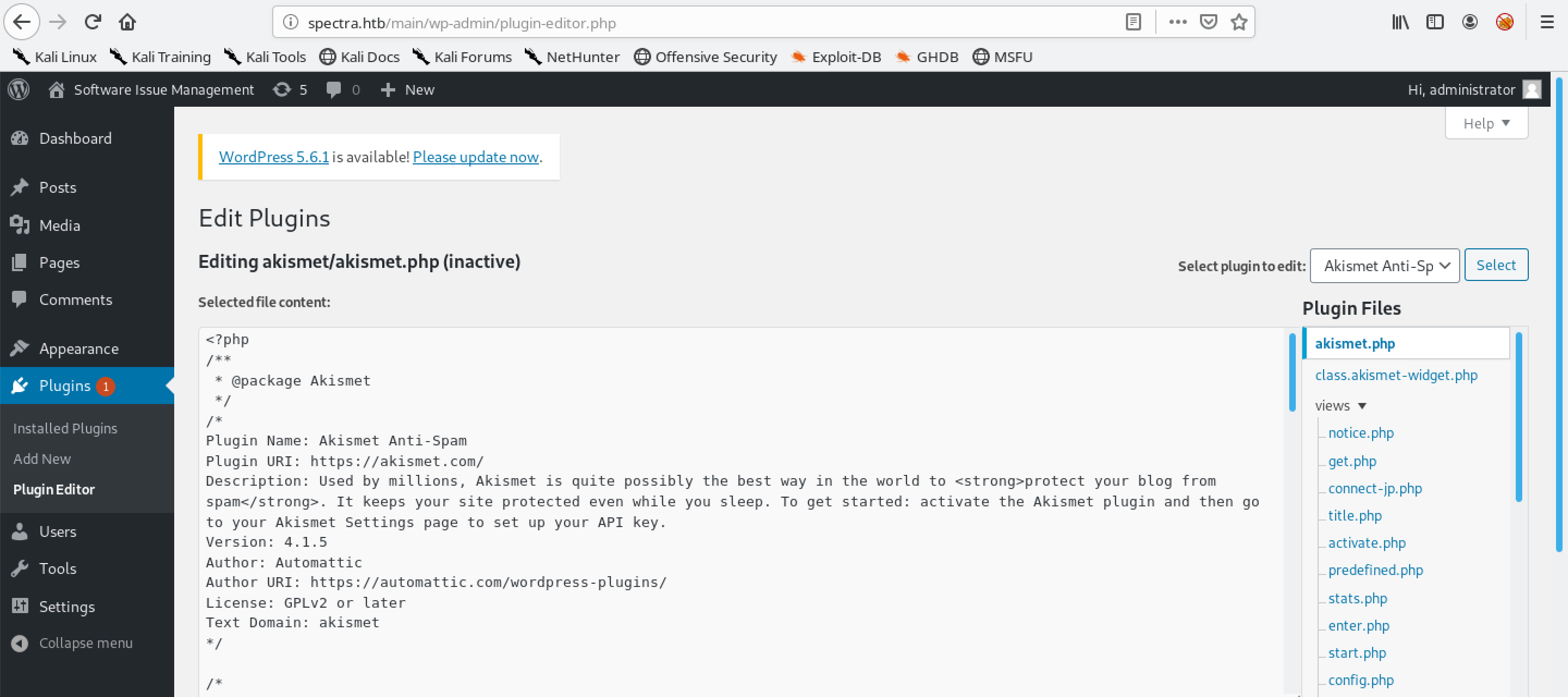 Contents of the akismet.php plugin file.