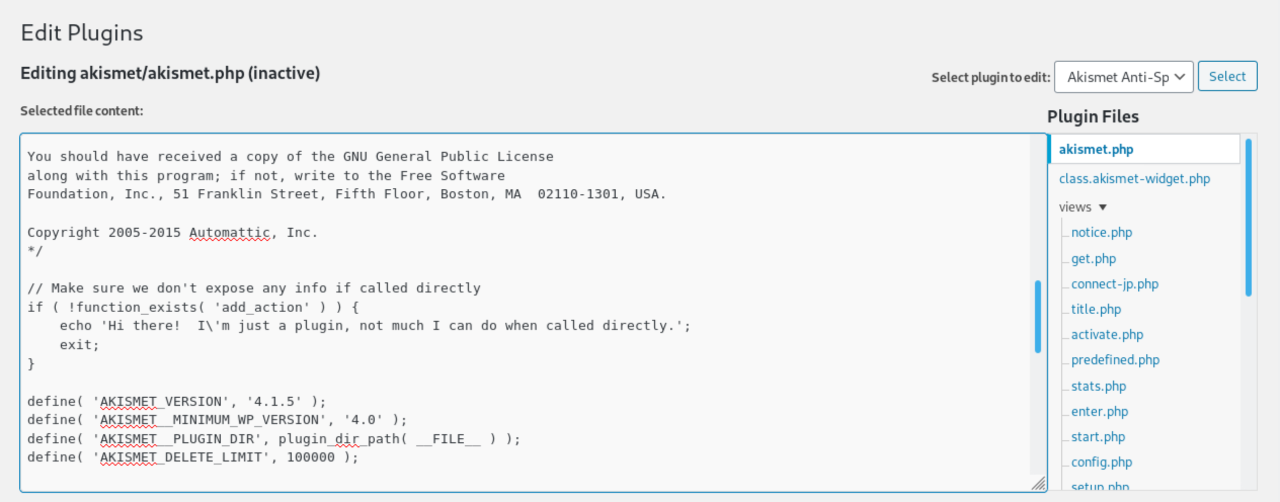 Contents of the akismet.php plugin.