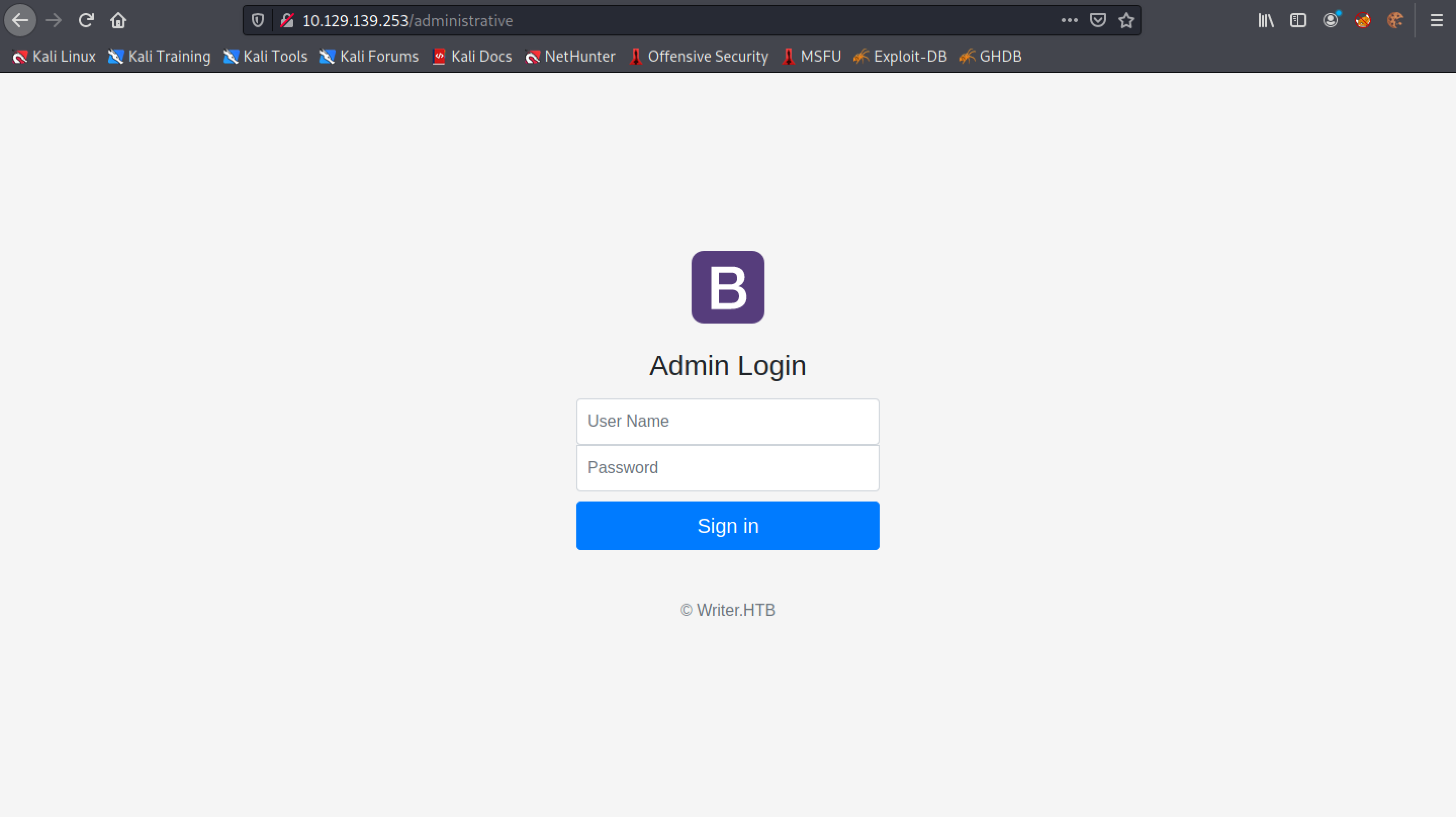 Login page of the website.