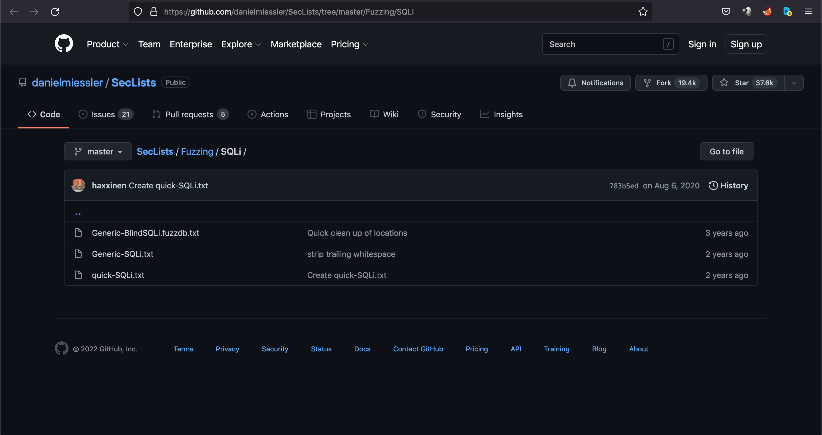 GitHub page with SQL injection payloads for fuzzing.